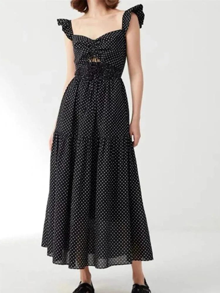 Hollow Lace-Up Long Black Dress