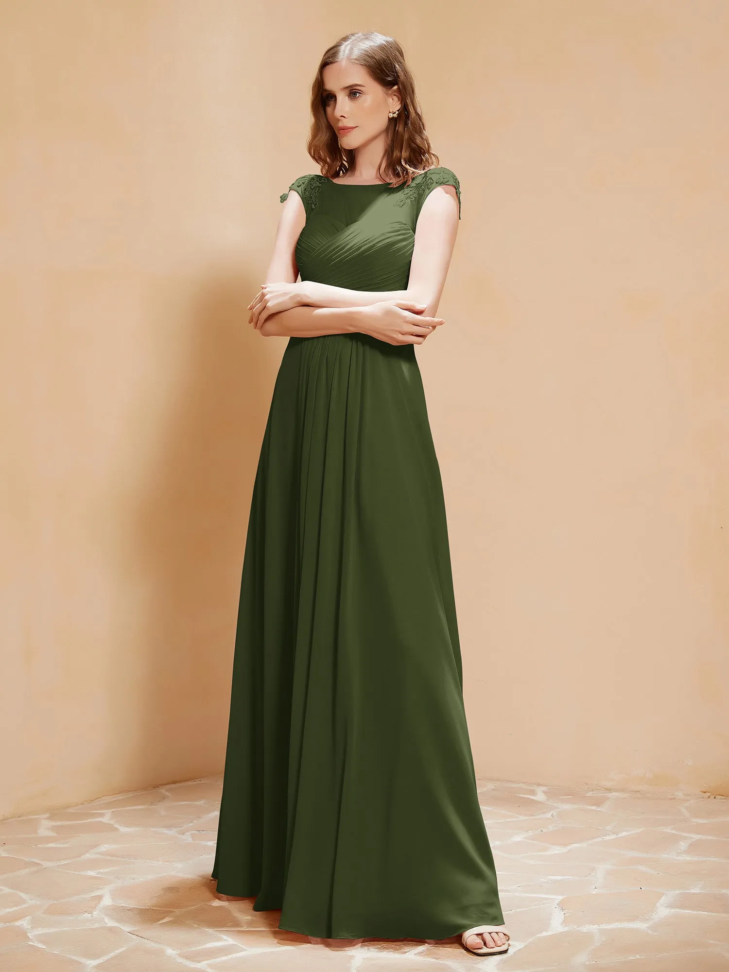 Illusion Neck Cap Sleeve Chiffon Lace Dress Olive Green