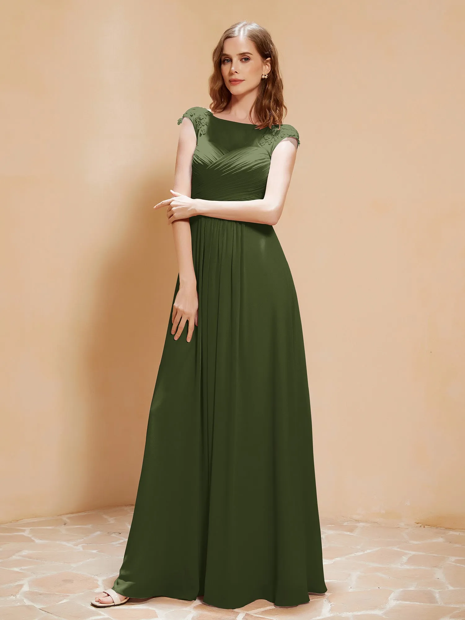 Illusion Neck Cap Sleeve Chiffon Lace Dress Olive Green