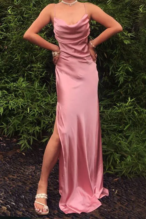 kamahe Pink Prom Dresses Sexy Mermaid Cowl Neck Spaghetti Straps Prom Dress