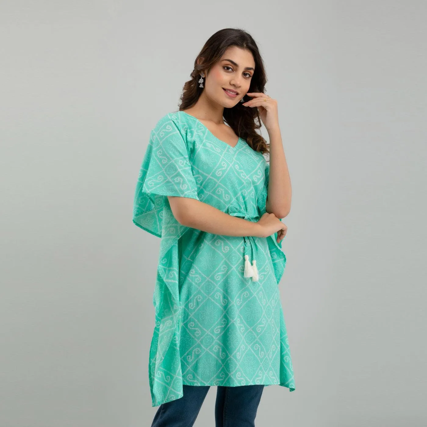 Light Blue Bandhani Print Cotton Kaftan Dress (SHKUP1235)