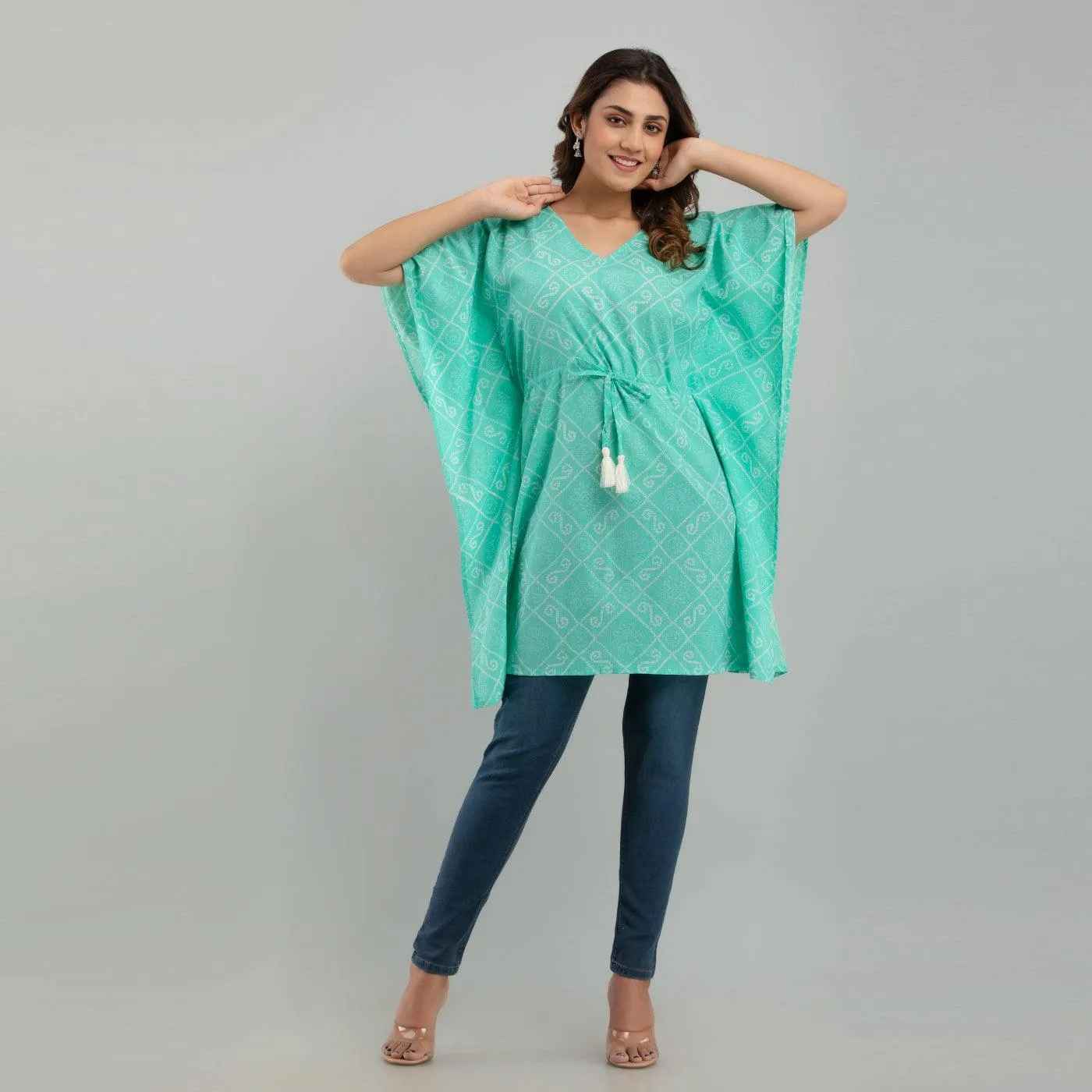 Light Blue Bandhani Print Cotton Kaftan Dress (SHKUP1235)