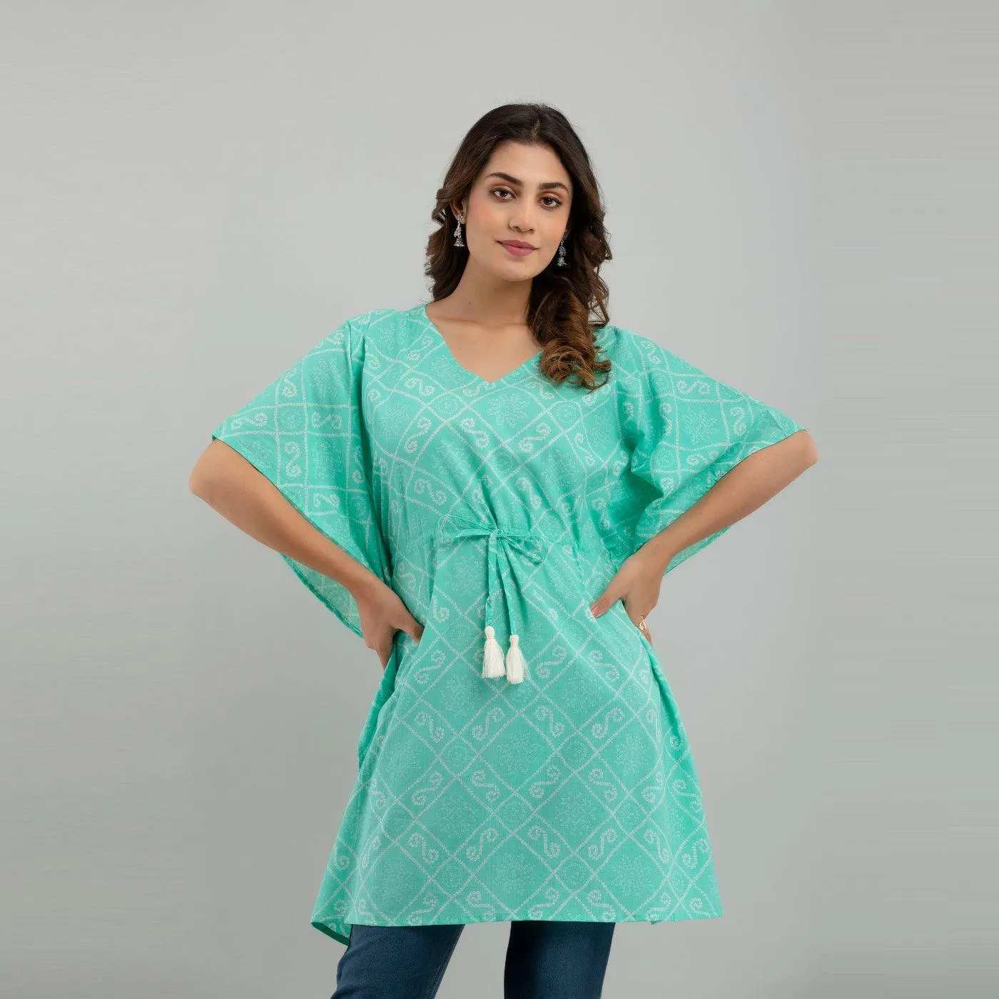 Light Blue Bandhani Print Cotton Kaftan Dress (SHKUP1235)