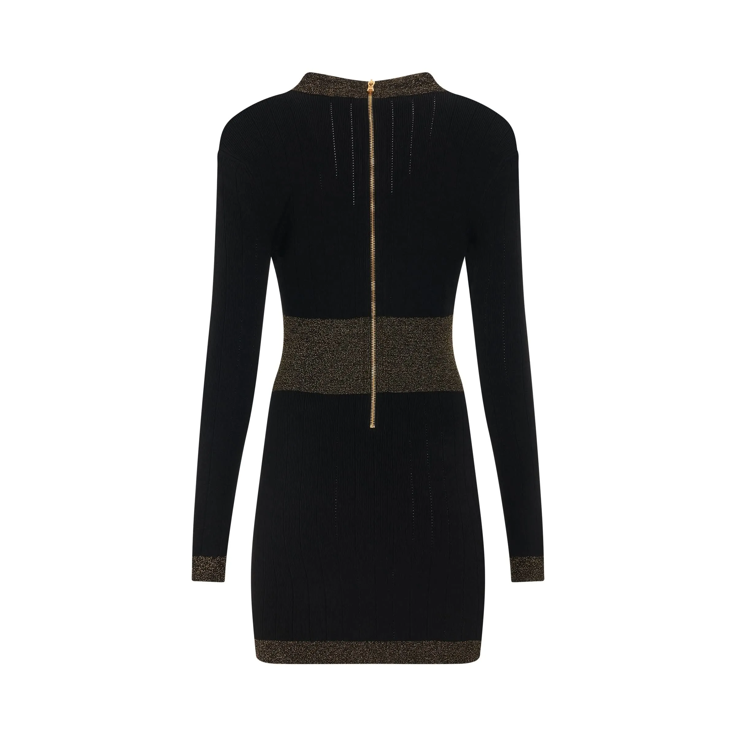 Long Sleeve V-Neck Golden Edge Knit Dress in Black/Gold