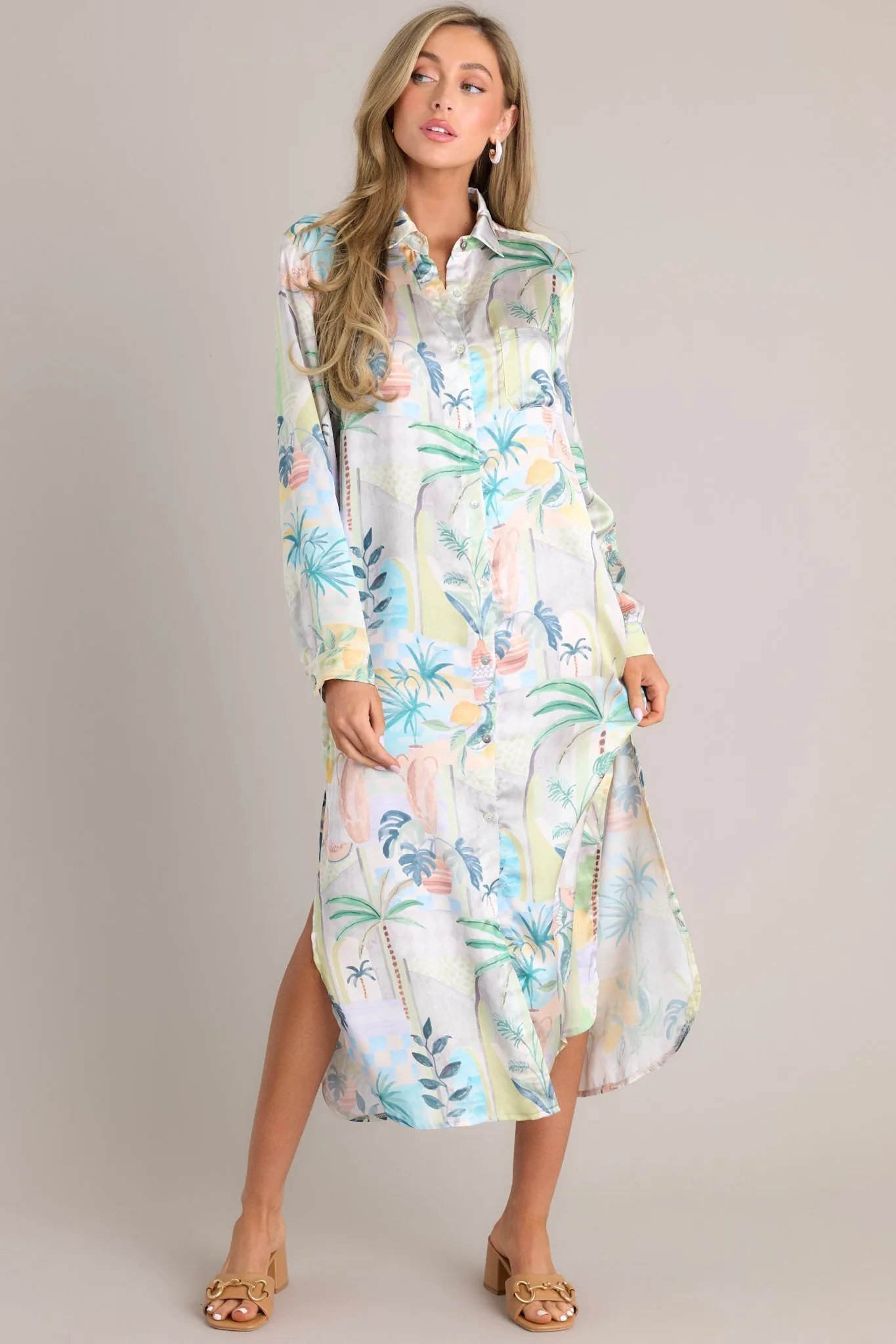 Lush Luau Ivory Tropical Print Button Front Midi Dress