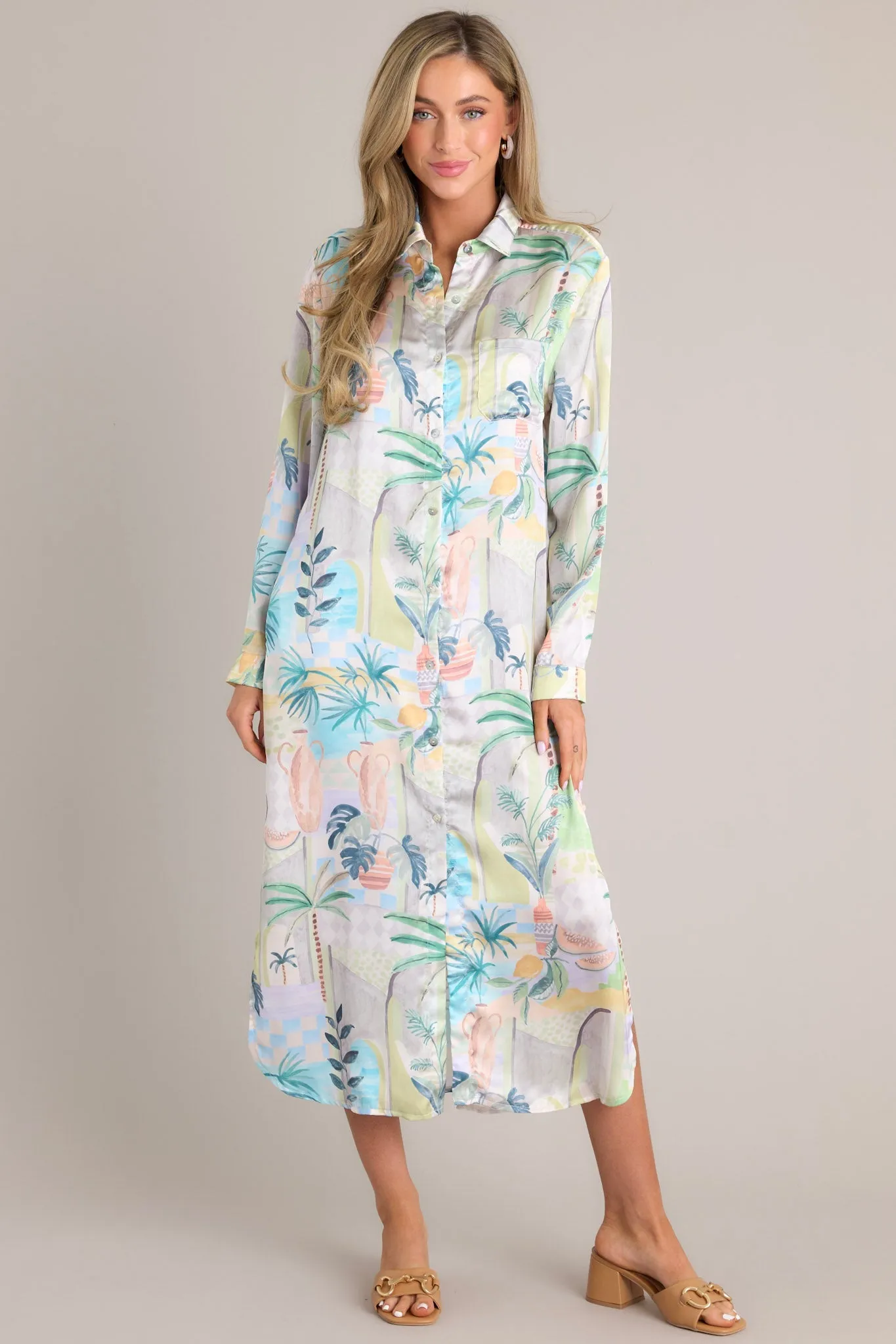 Lush Luau Ivory Tropical Print Button Front Midi Dress