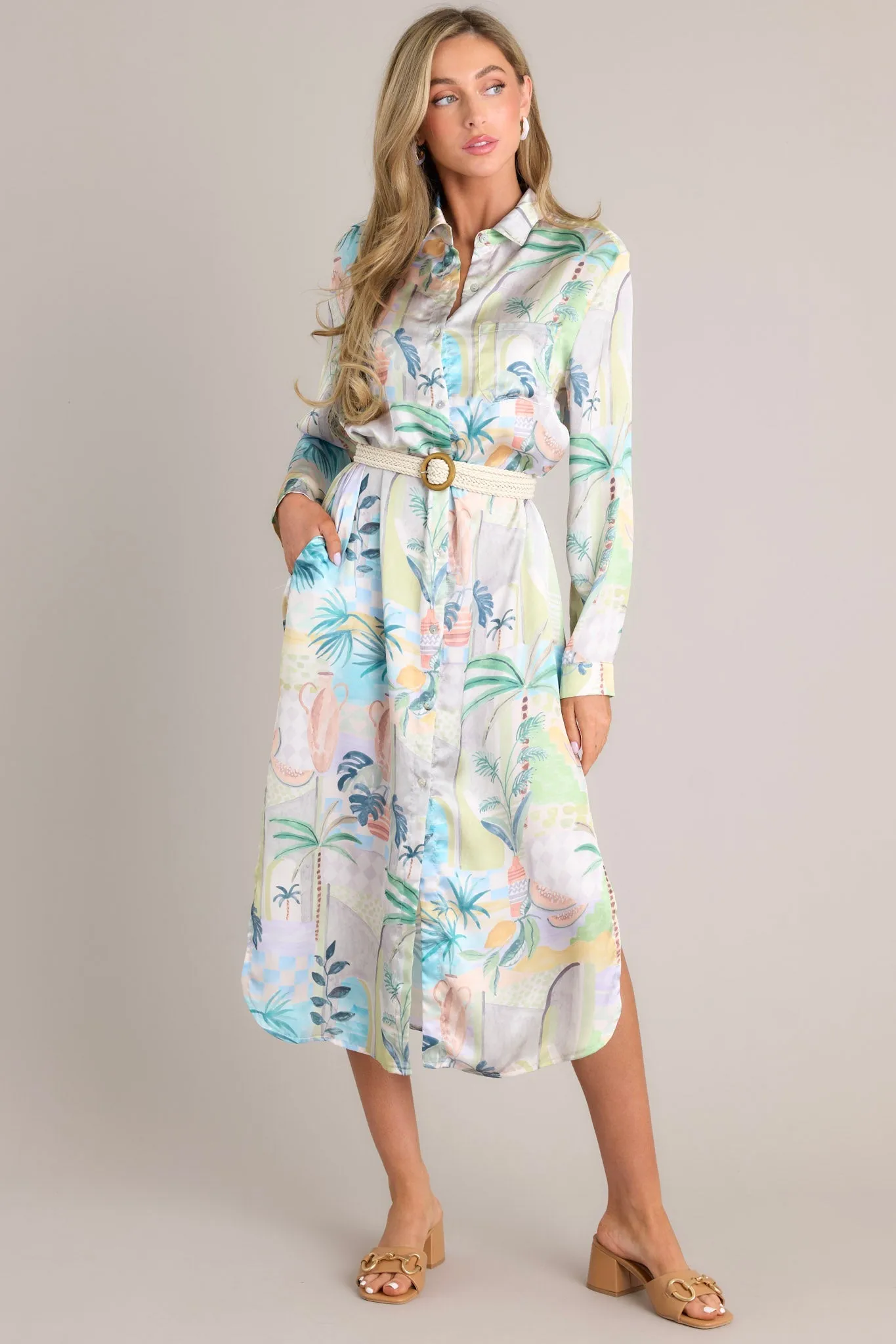 Lush Luau Ivory Tropical Print Button Front Midi Dress
