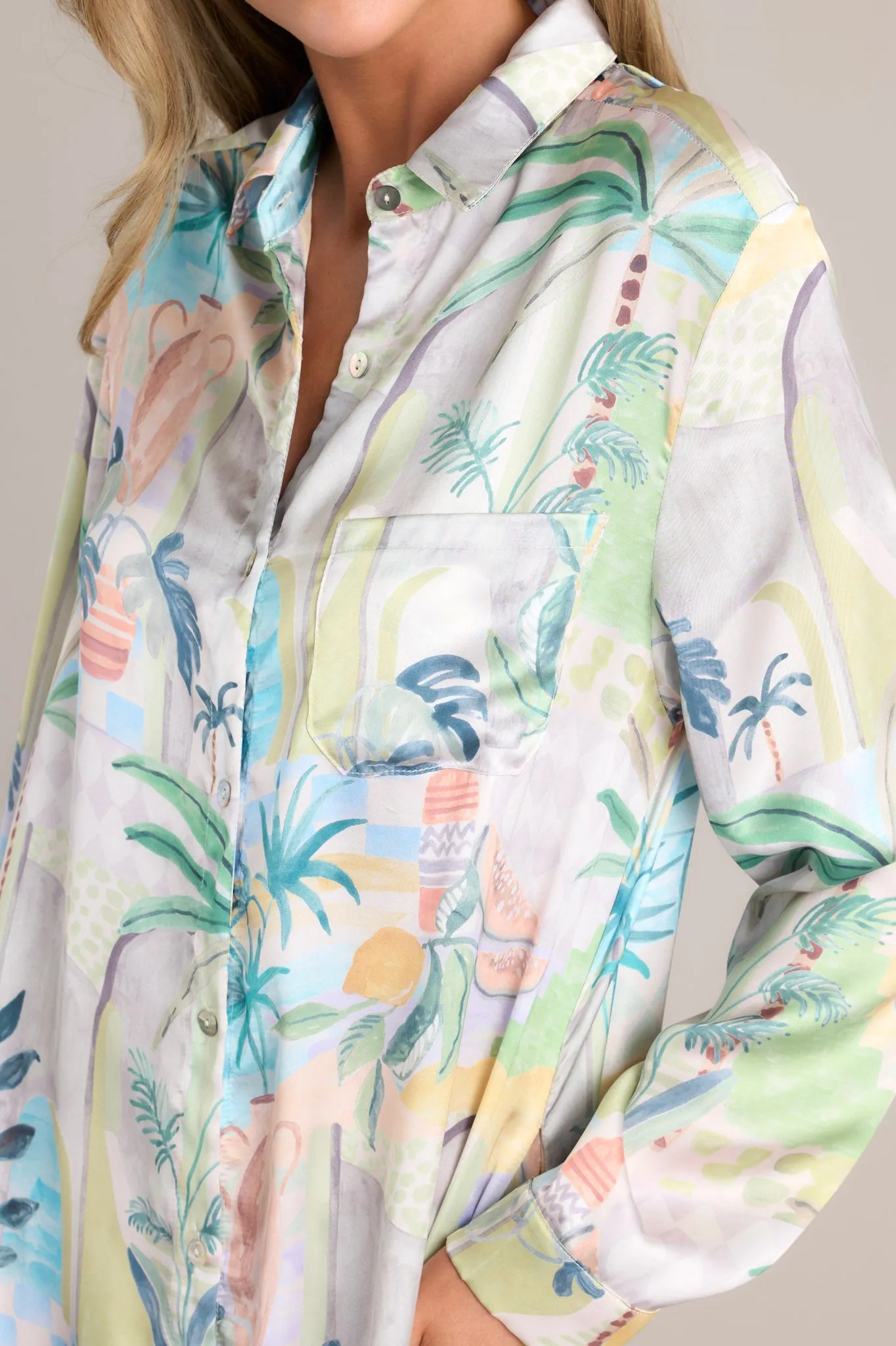 Lush Luau Ivory Tropical Print Button Front Midi Dress