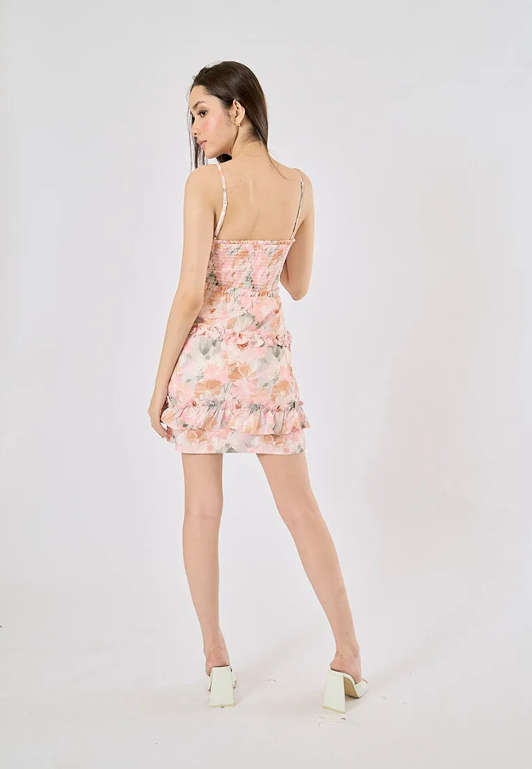 Malibu Pink Floral Print Smocked Mini Dress