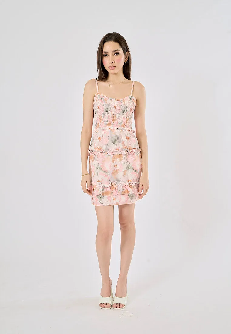 Malibu Pink Floral Print Smocked Mini Dress