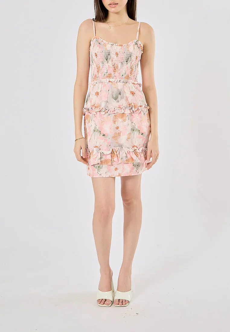 Malibu Pink Floral Print Smocked Mini Dress