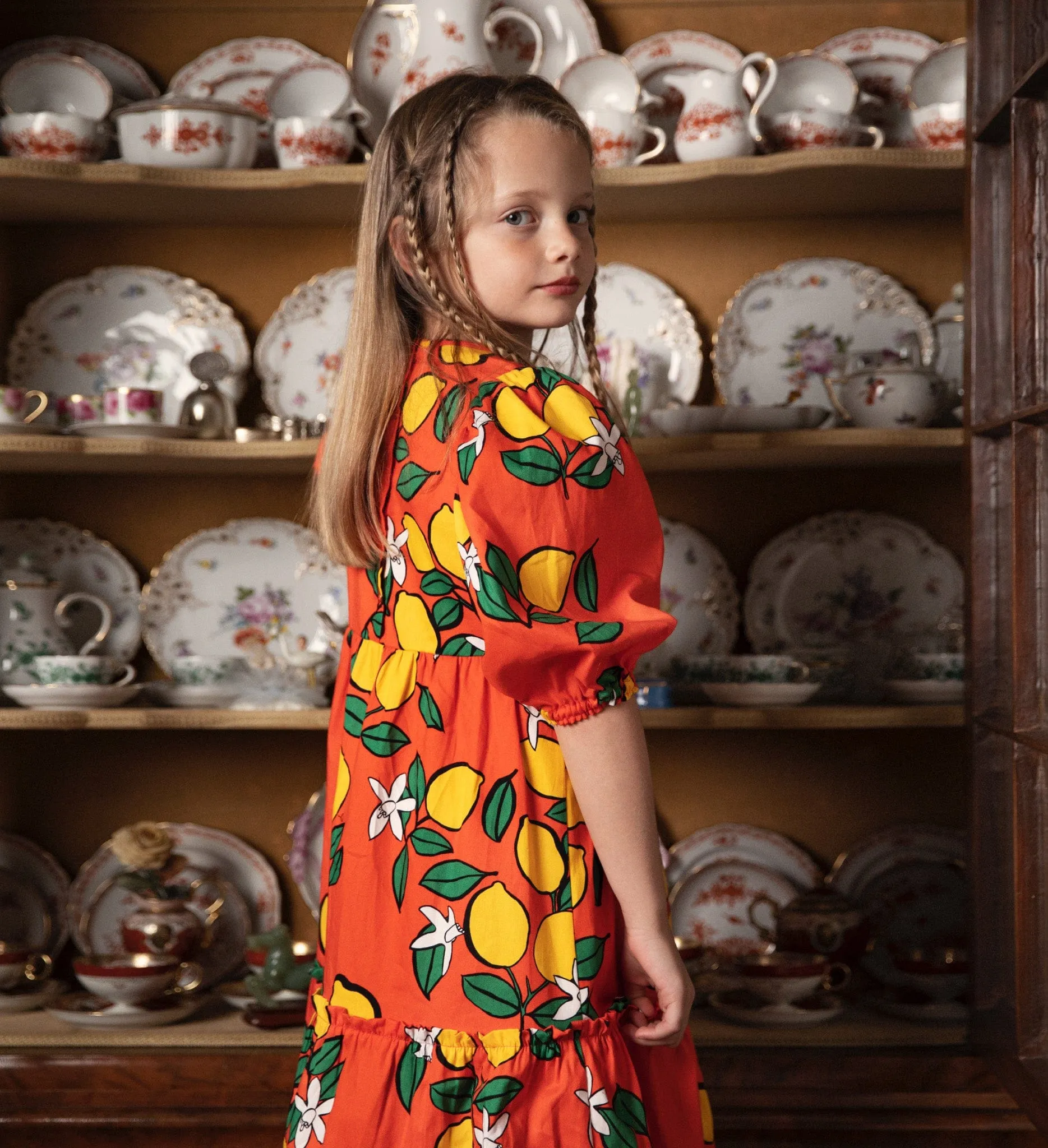 Mini Rodini Girls Lemons Woven Puff Sleeve Dress in Red