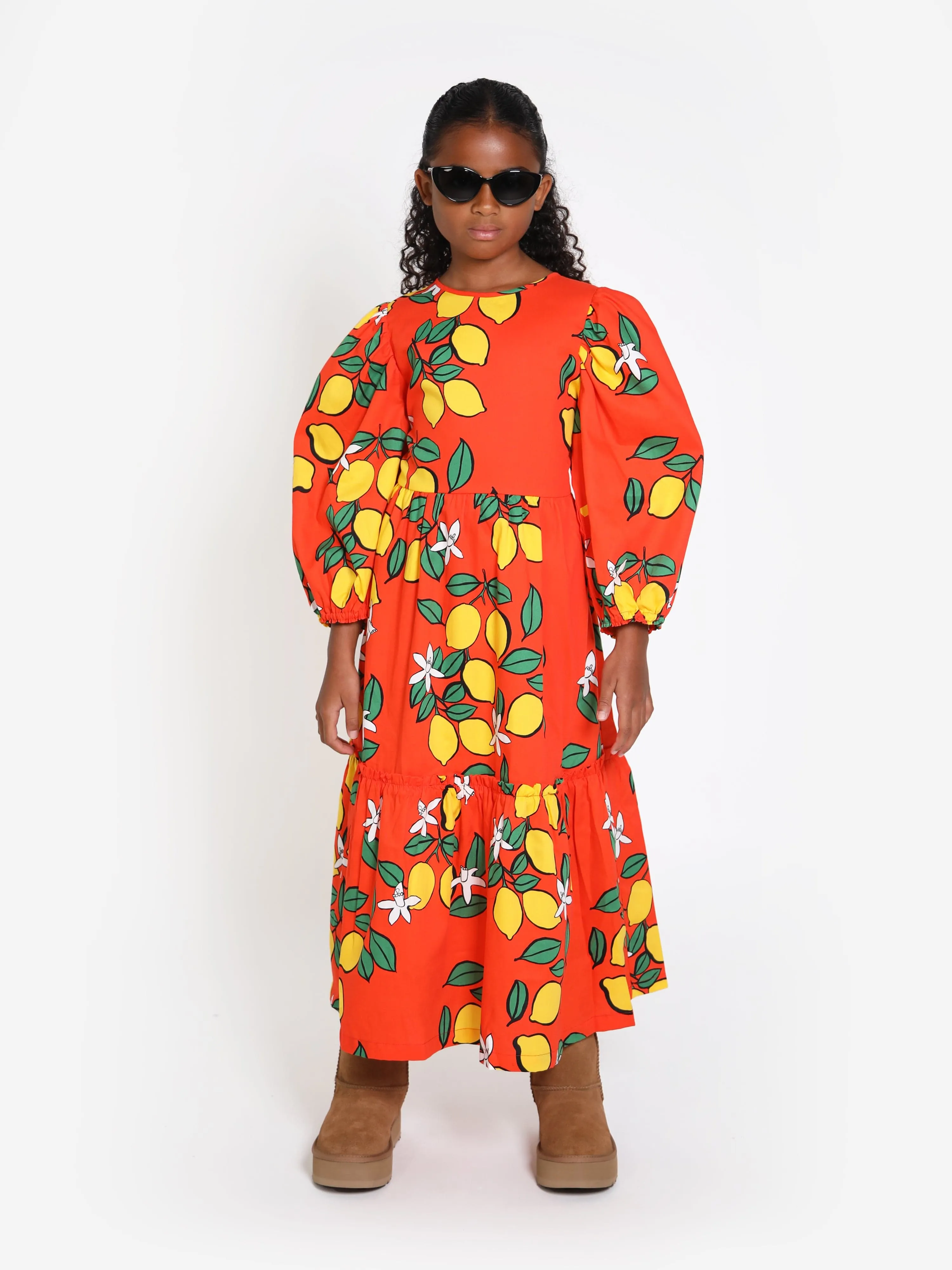Mini Rodini Girls Lemons Woven Puff Sleeve Dress in Red