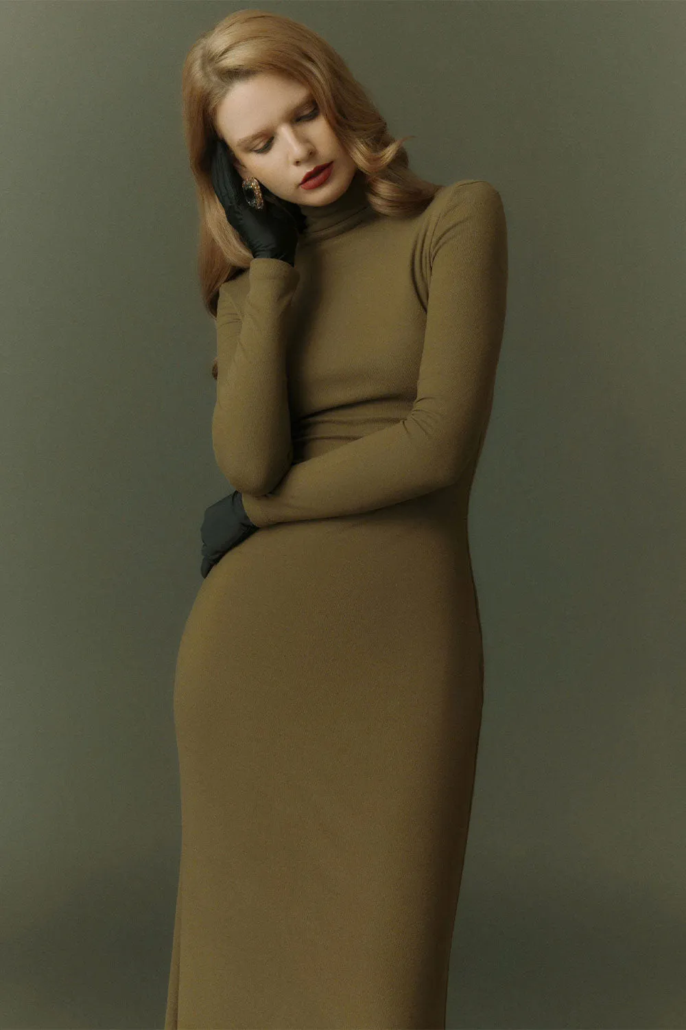 Noble Sheath Turtle Neck Poly Silk Ankle Length Dress