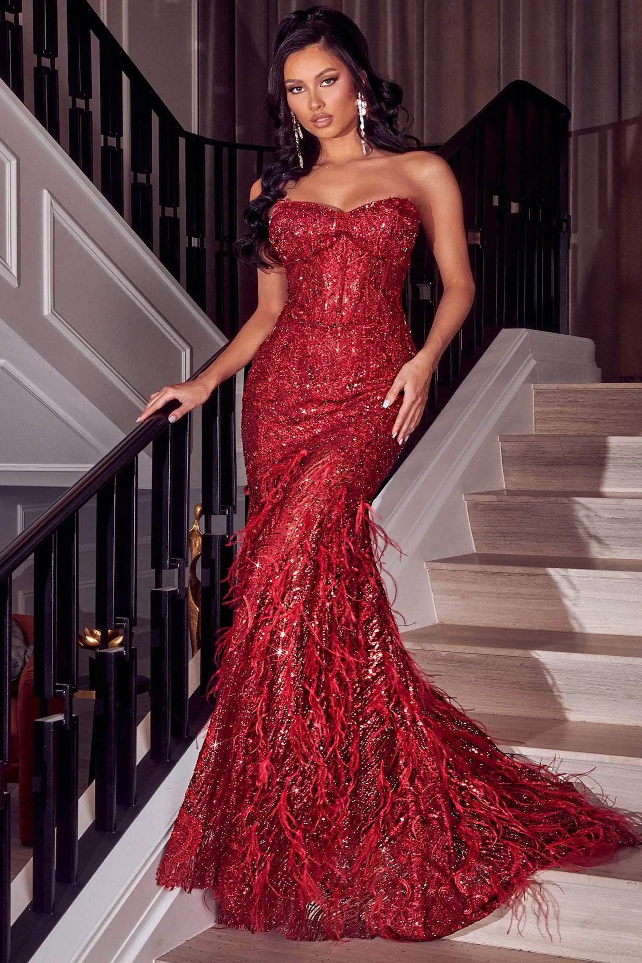 PORTIA & SCARLETT PS23263 Strapless Trumpet Evening Gown with Feather Skirt