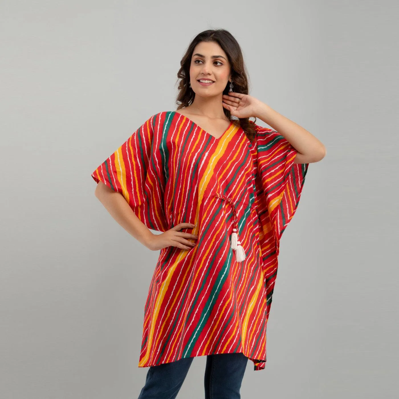 Red Leheriya Print Cotton Kaftan Dress (SHKUP1230)
