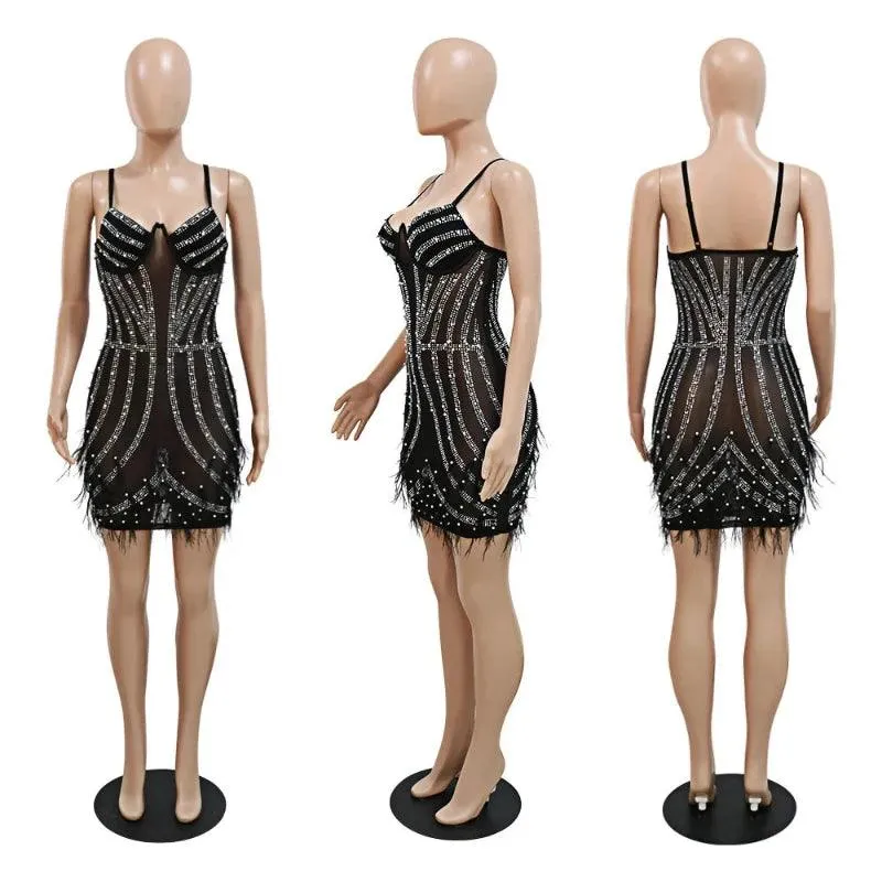 Rhinestone Mesh Woman Dress Mini Tassel