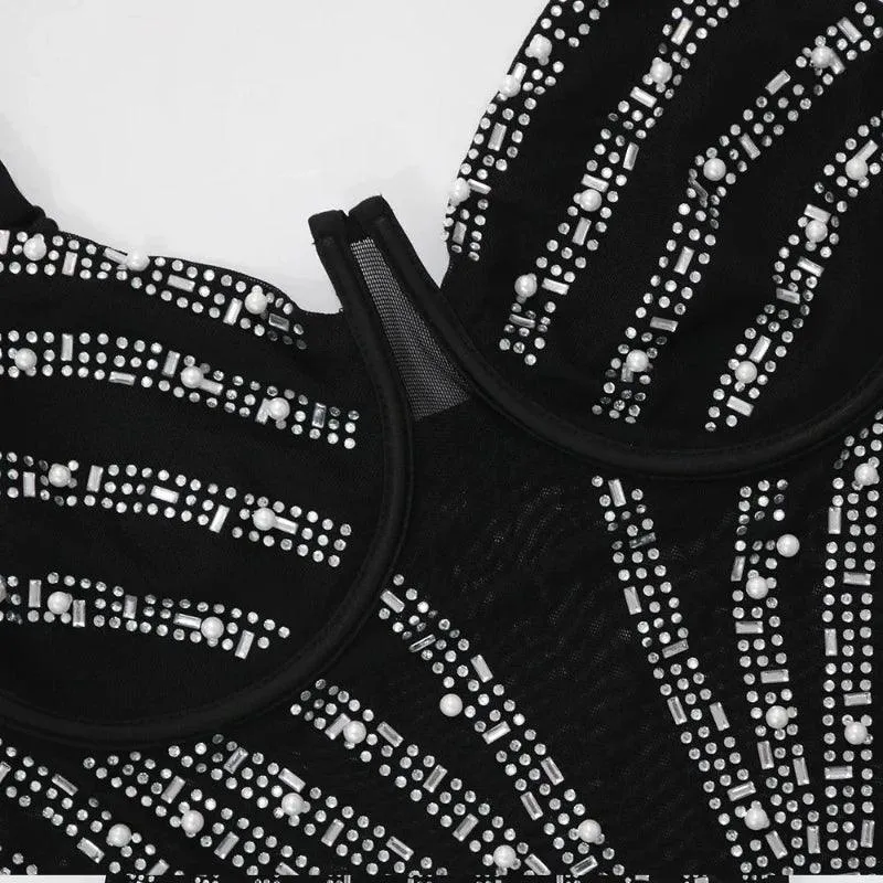 Rhinestone Mesh Woman Dress Mini Tassel
