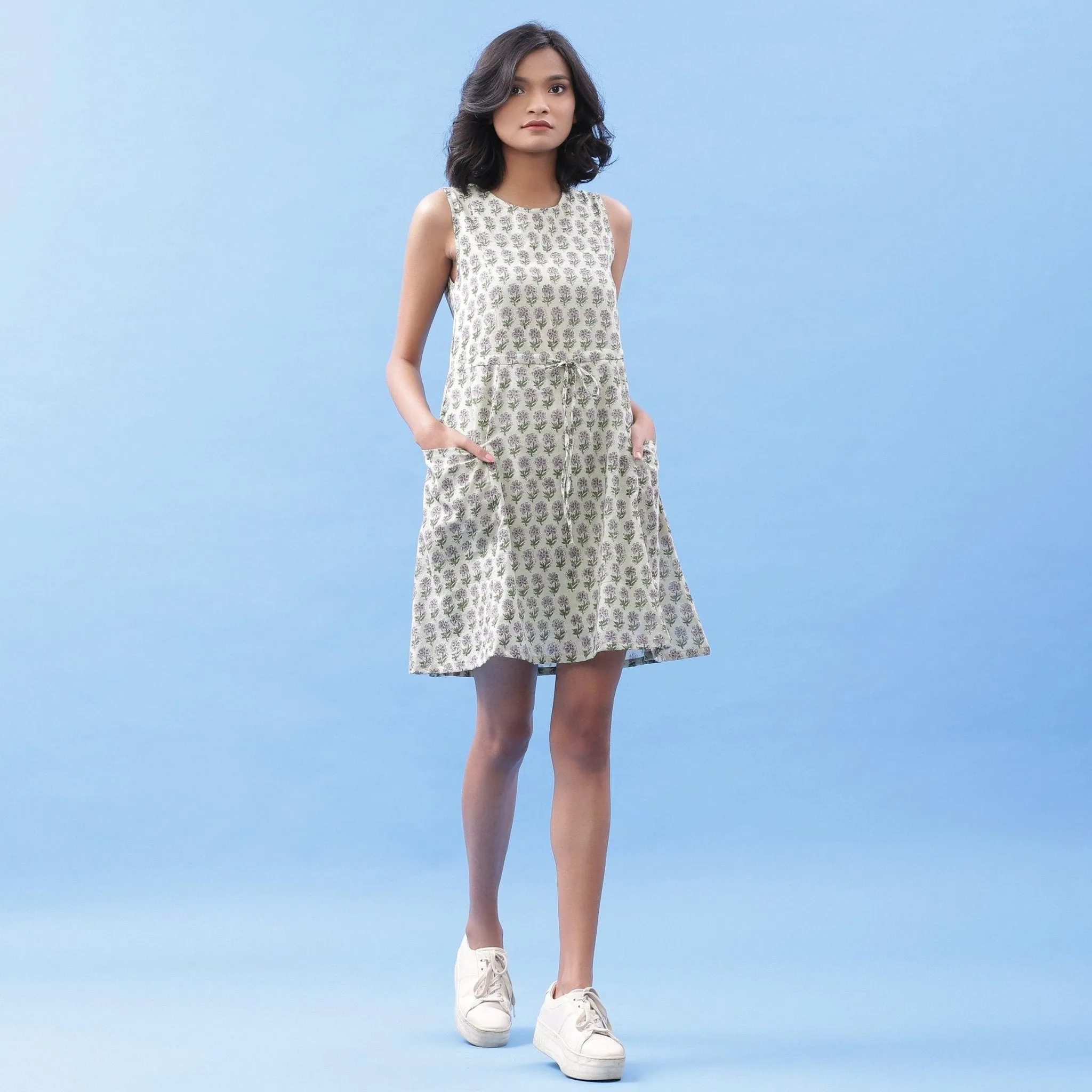 Sage Green Floral Block Printed Cotton Short Dress