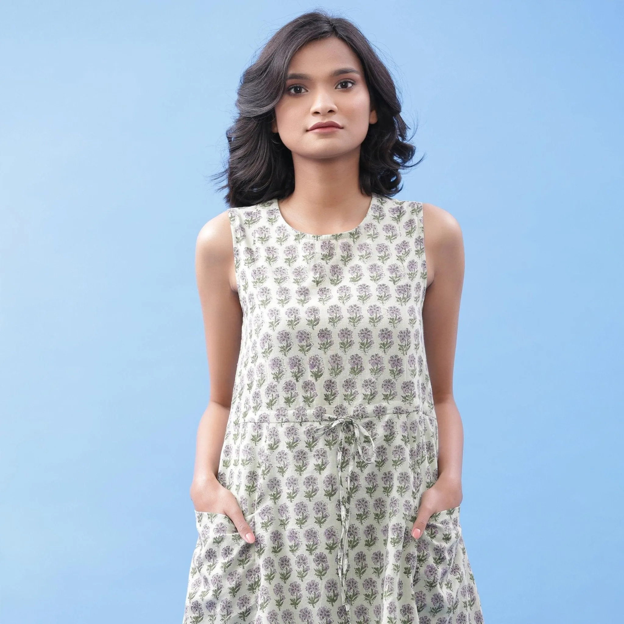 Sage Green Floral Block Printed Cotton Short Dress