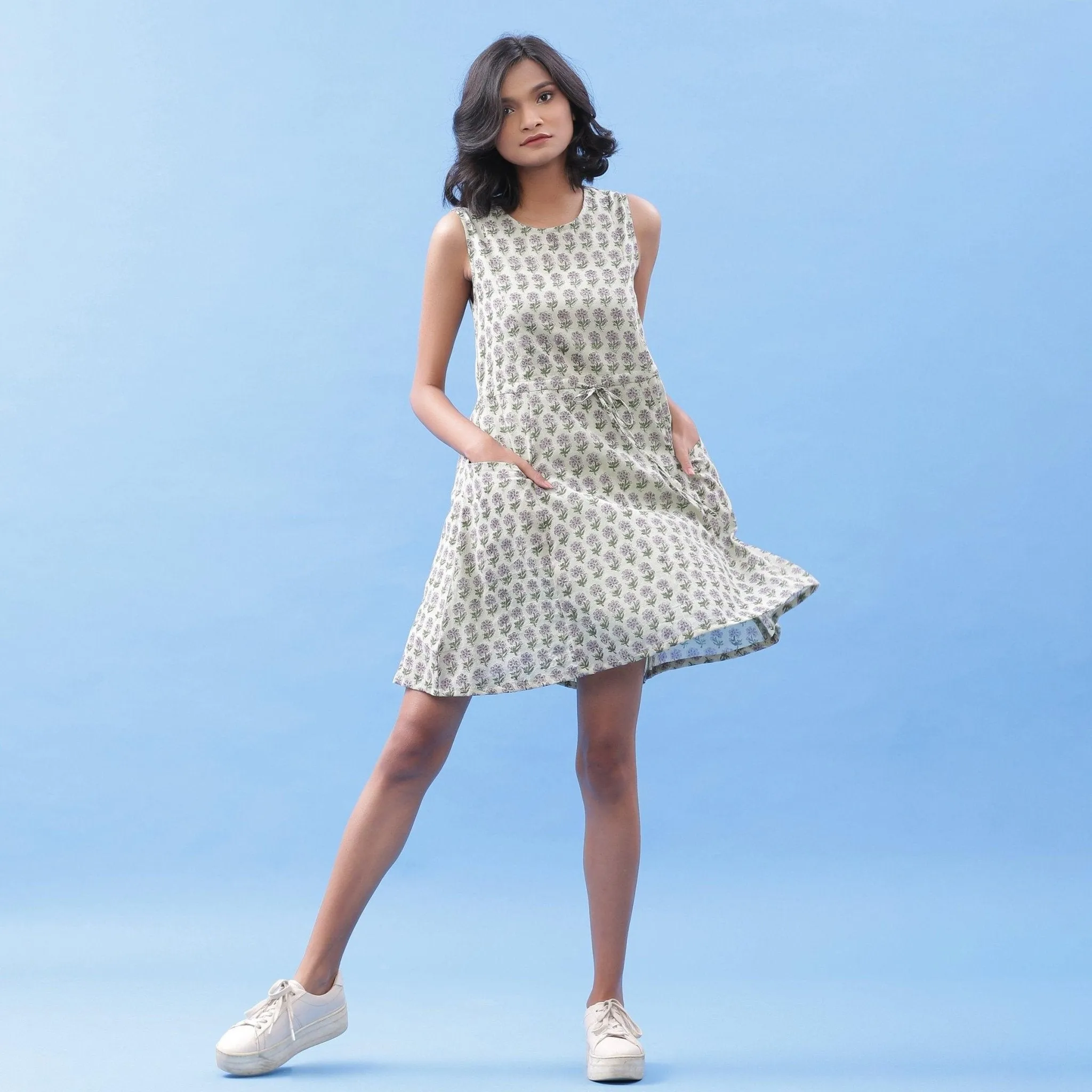 Sage Green Floral Block Printed Cotton Short Dress