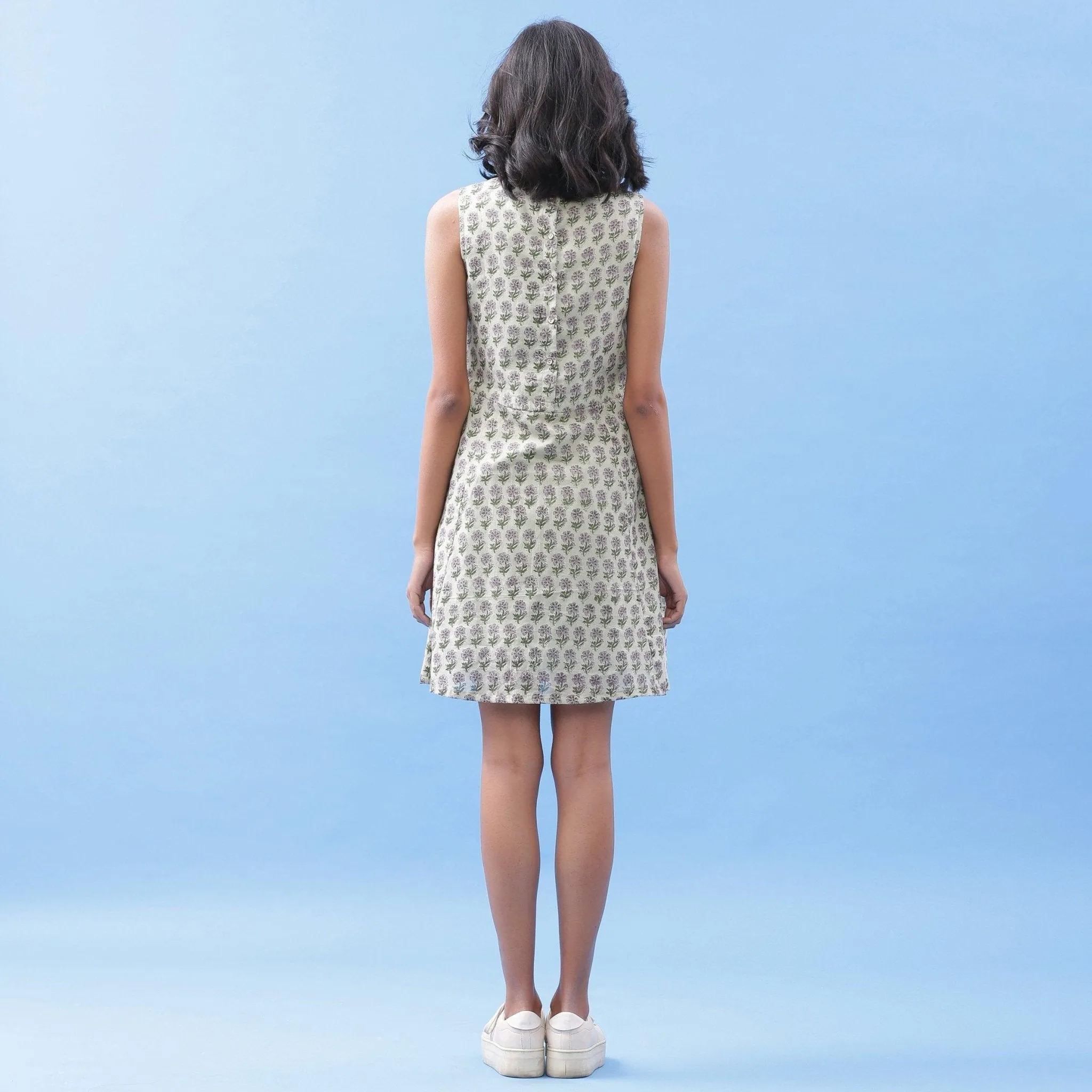 Sage Green Floral Block Printed Cotton Short Dress