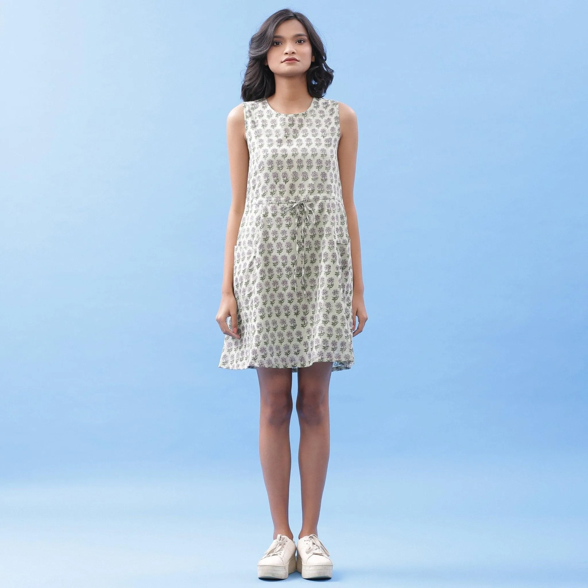 Sage Green Floral Block Printed Cotton Short Dress