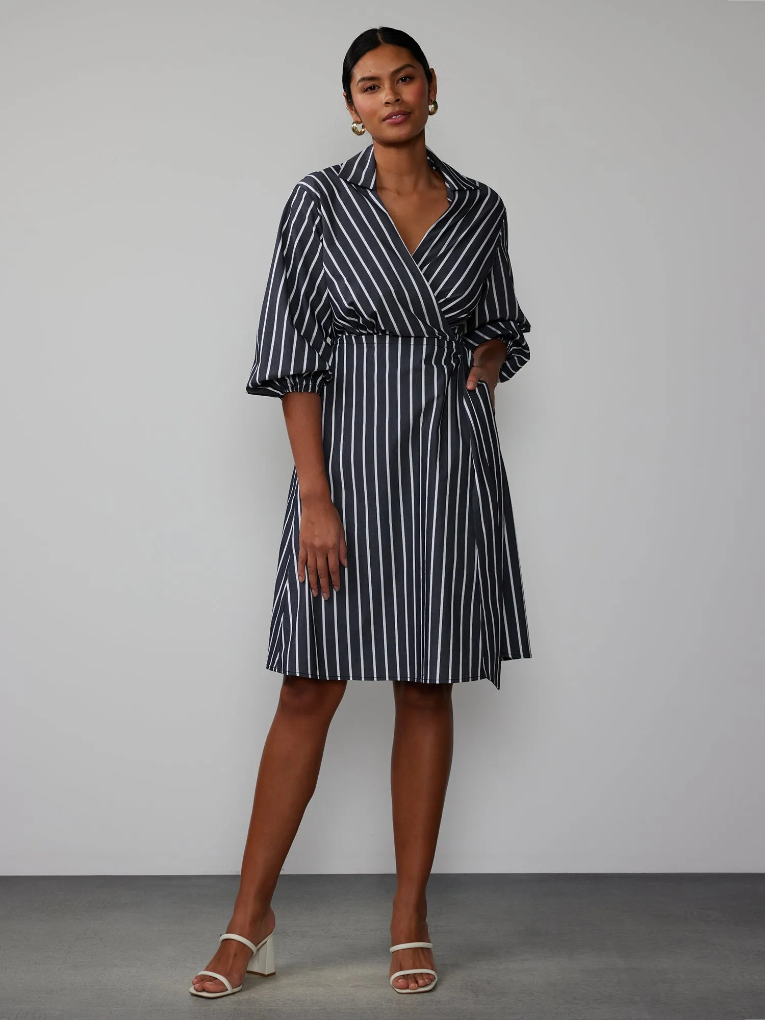 Short Sleeve Striped Wrap Midi Dress