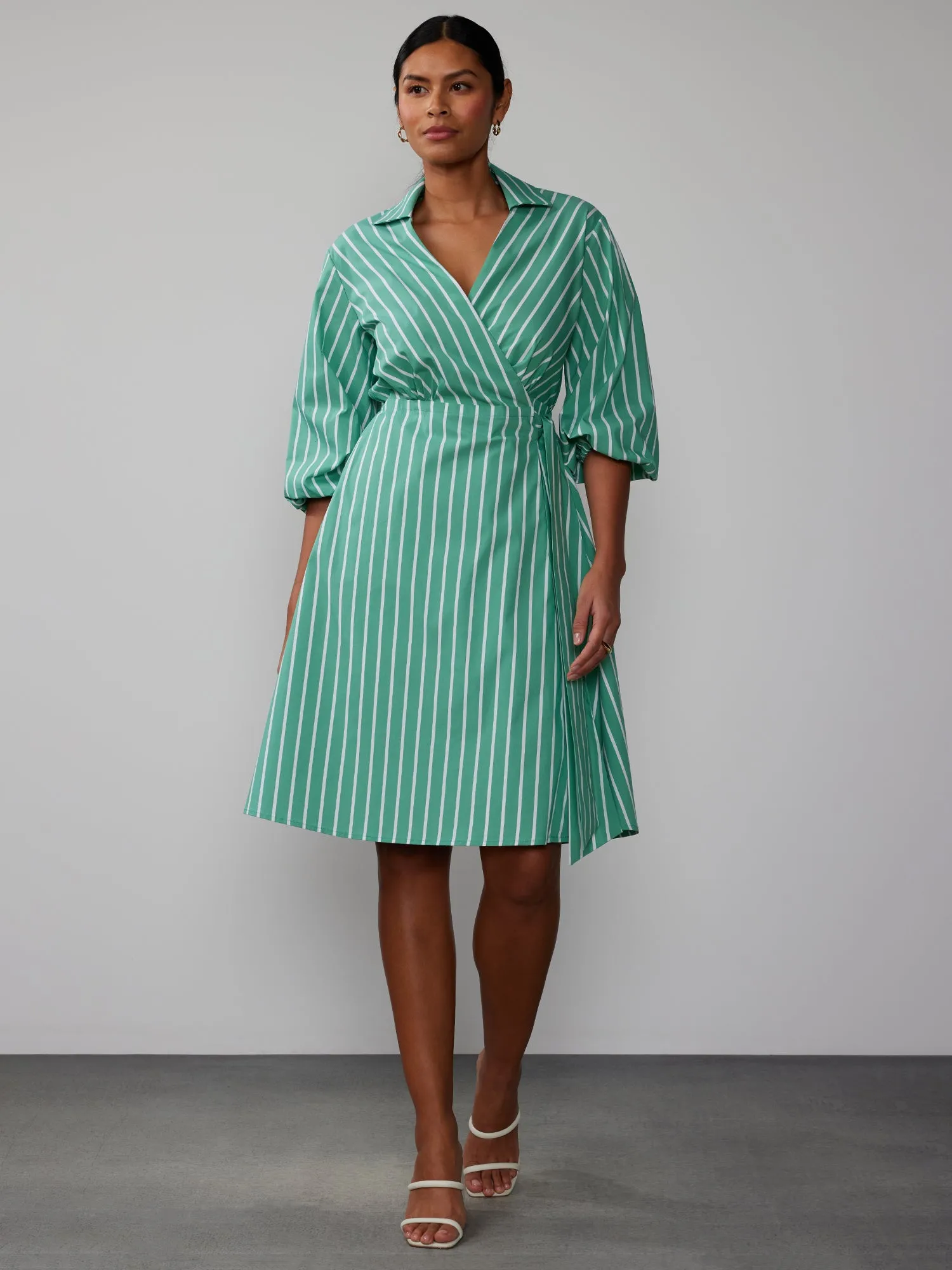 Short Sleeve Striped Wrap Midi Dress