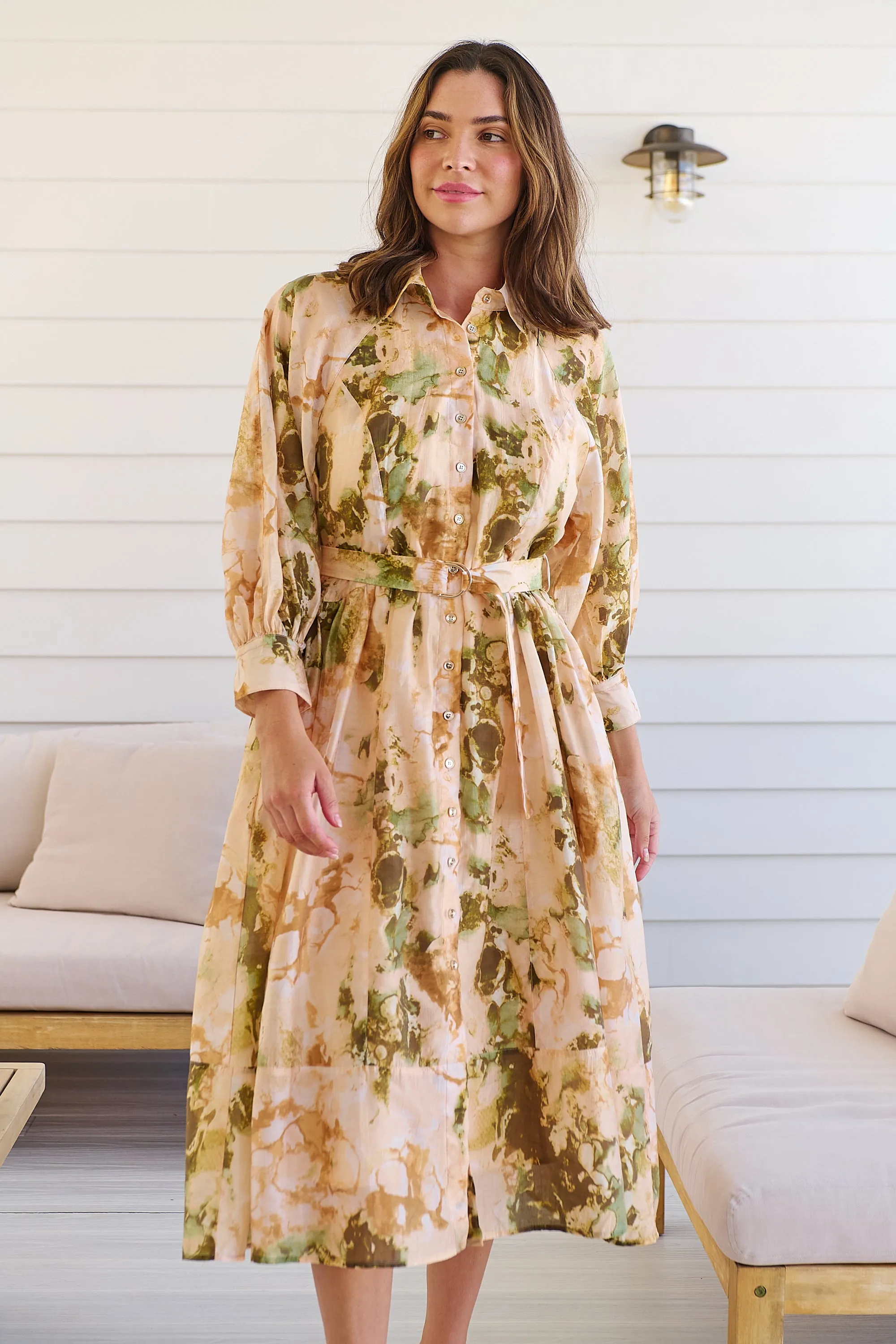 Solange Collared Tie Waist Green/Peach Midi Dress