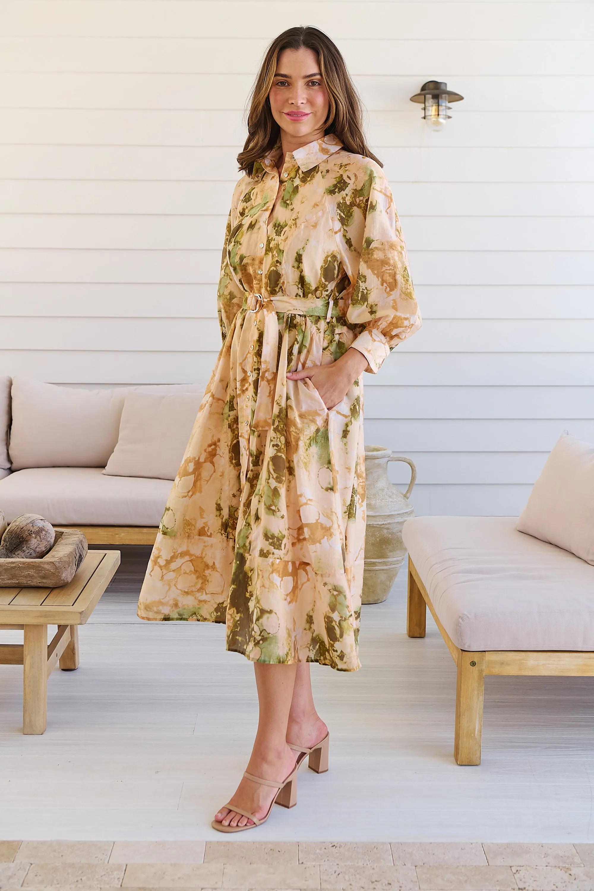 Solange Collared Tie Waist Green/Peach Midi Dress