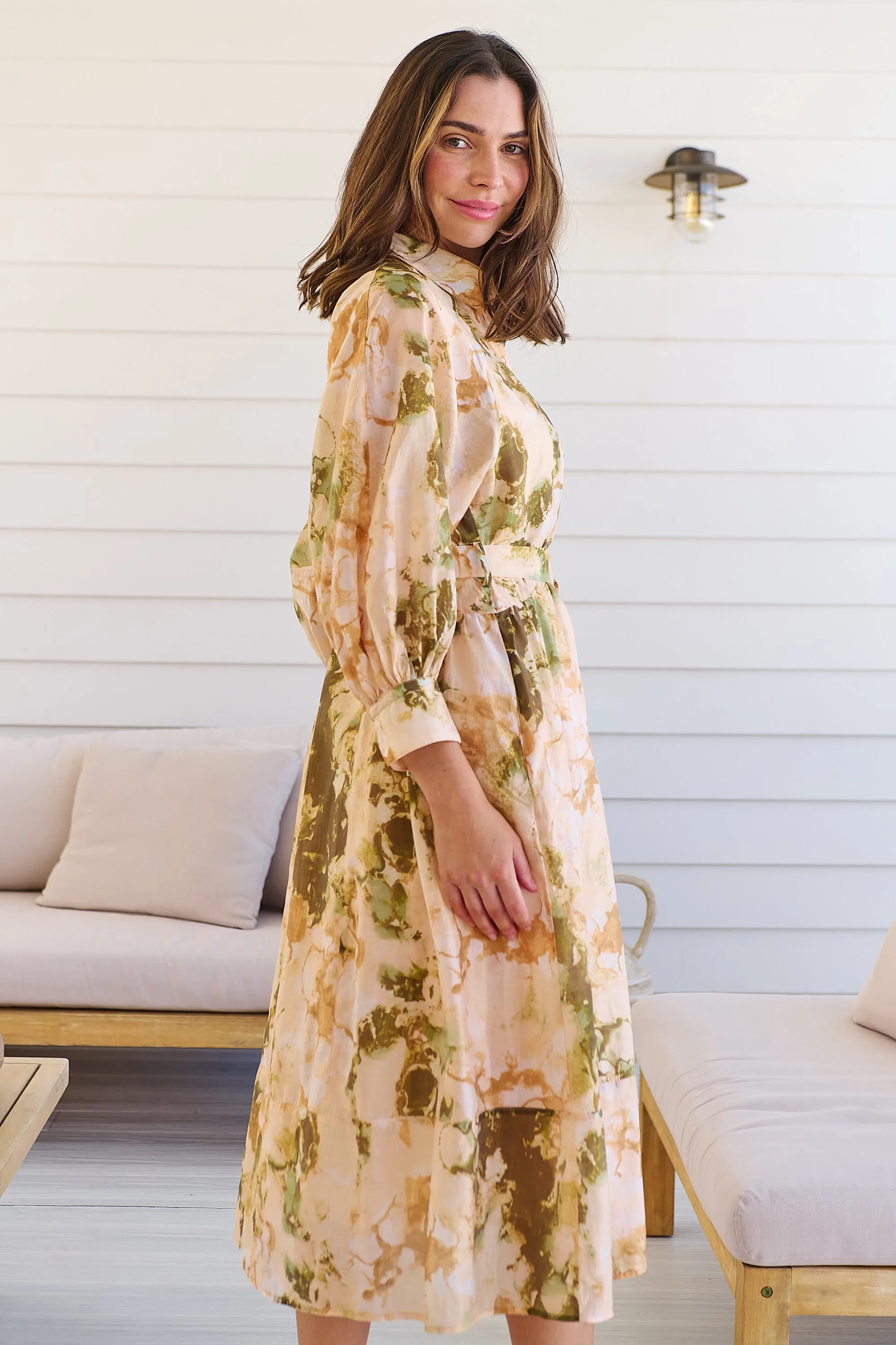 Solange Collared Tie Waist Green/Peach Midi Dress