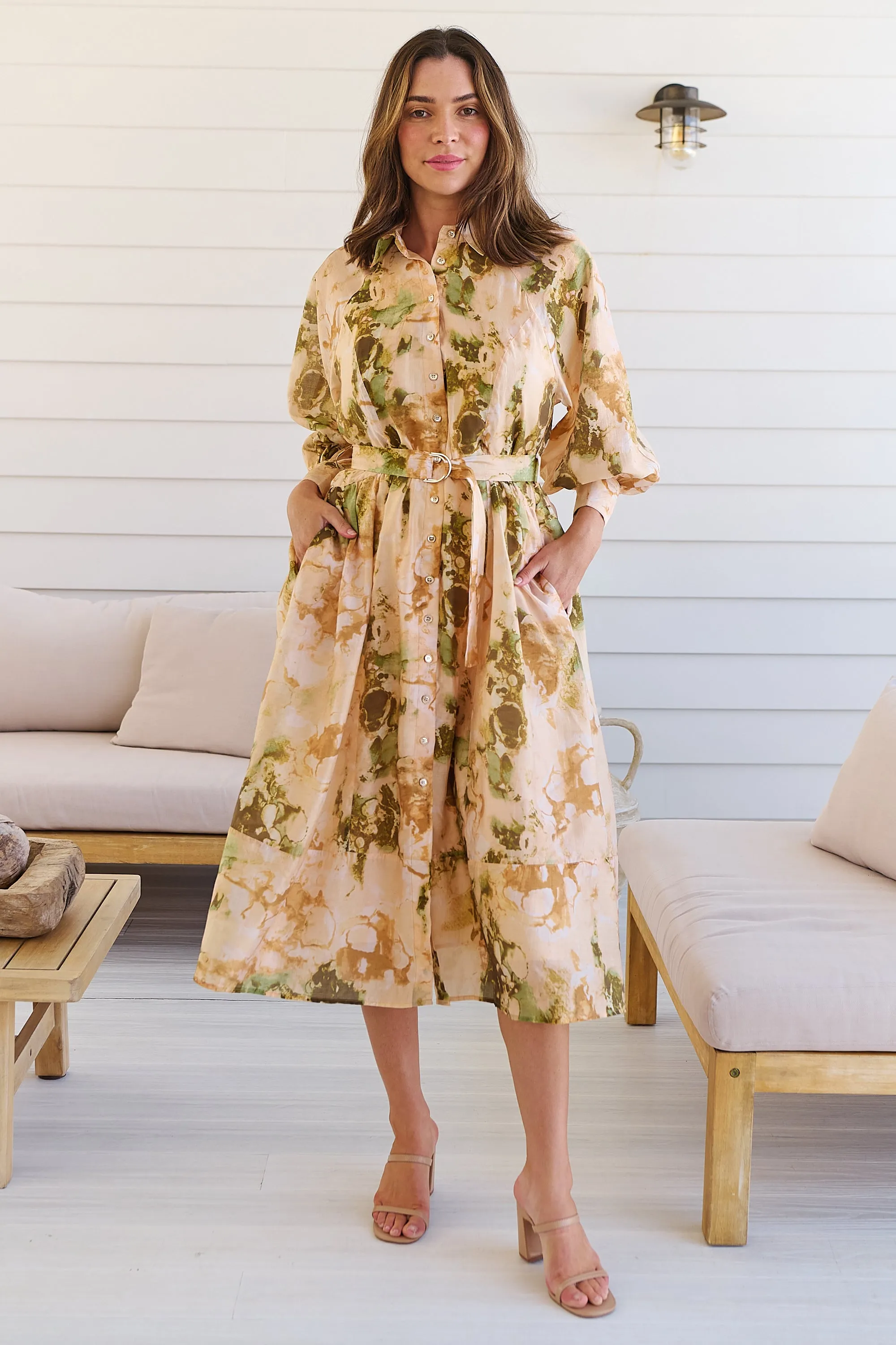 Solange Collared Tie Waist Green/Peach Midi Dress