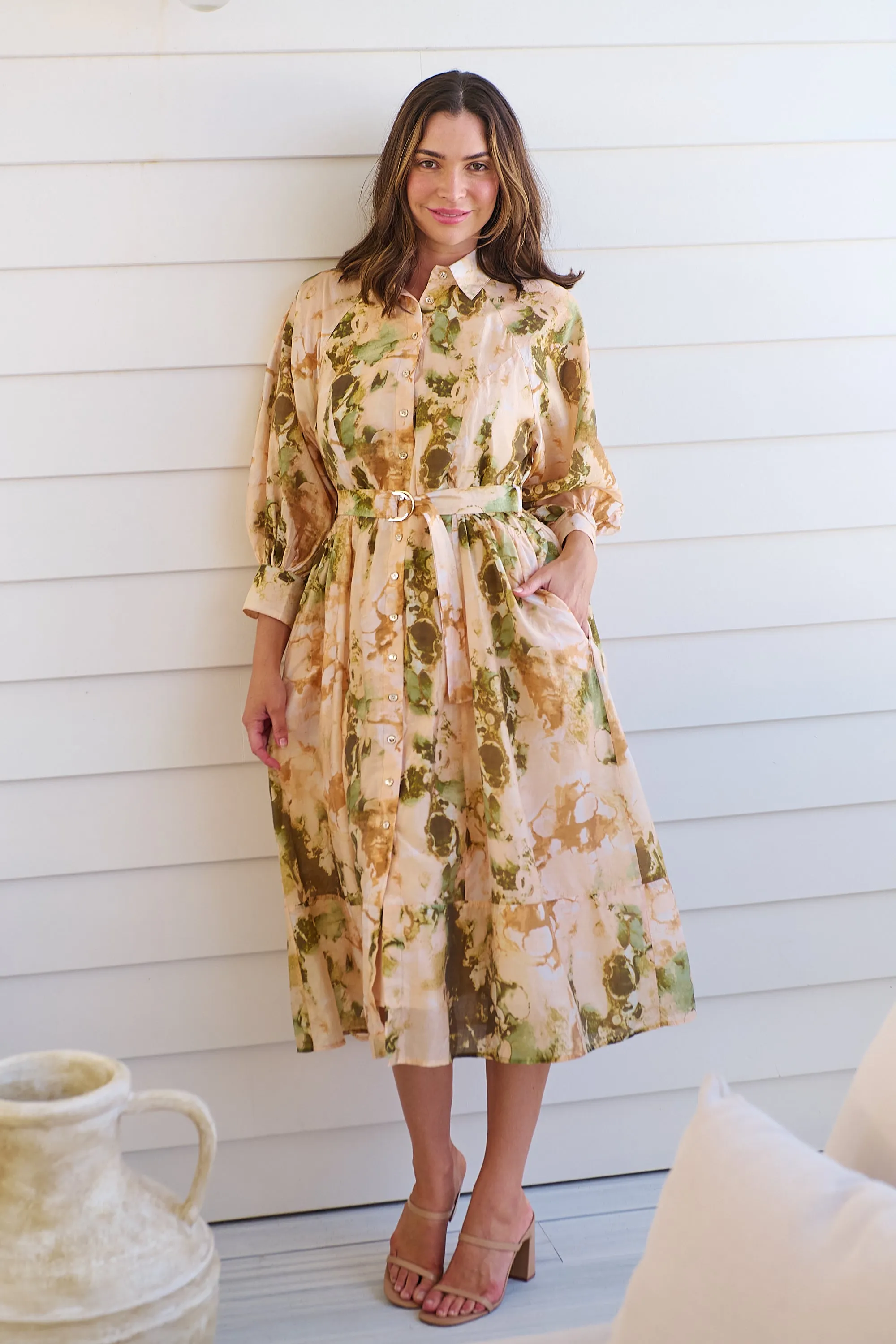 Solange Collared Tie Waist Green/Peach Midi Dress
