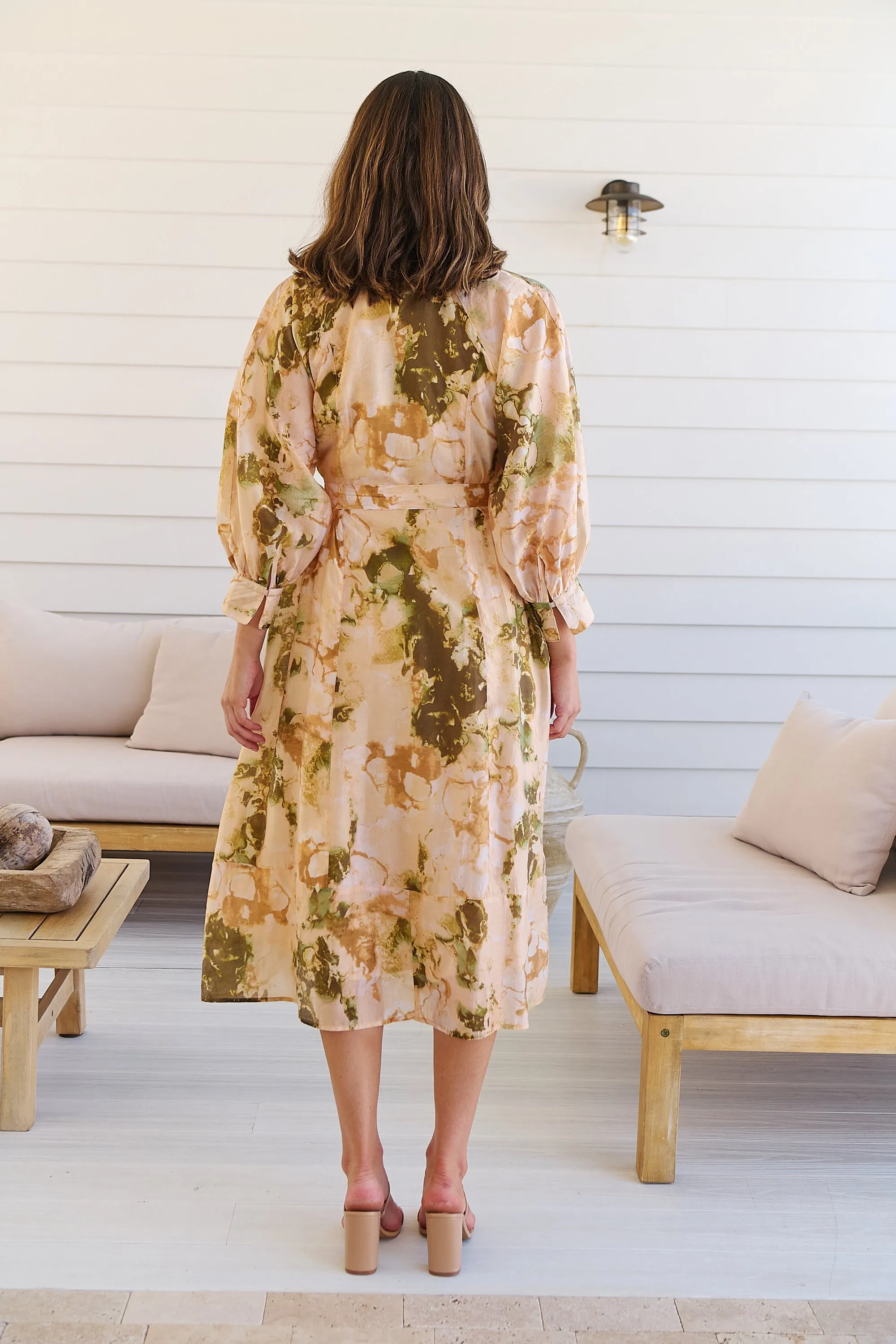 Solange Collared Tie Waist Green/Peach Midi Dress