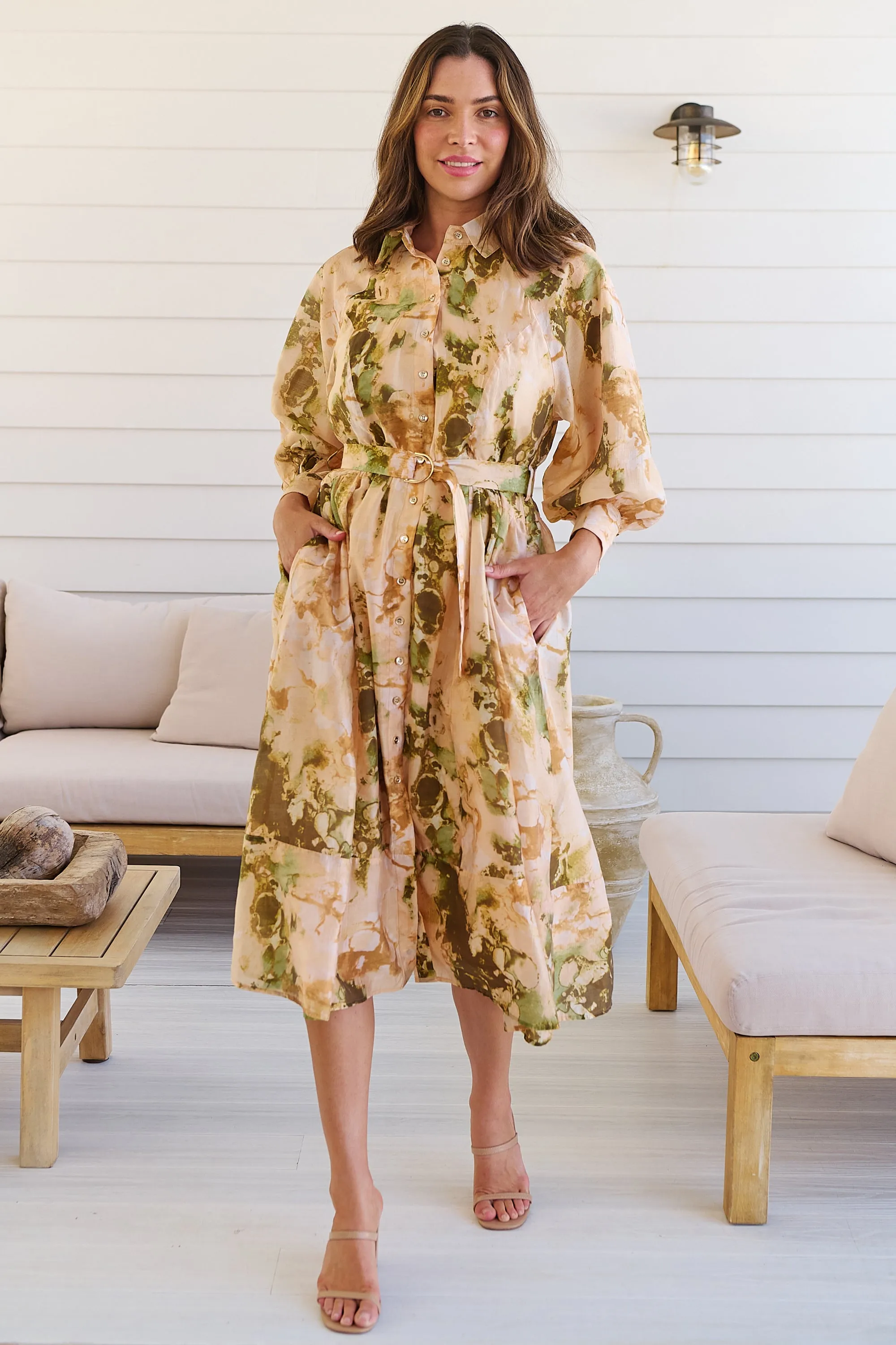 Solange Collared Tie Waist Green/Peach Midi Dress