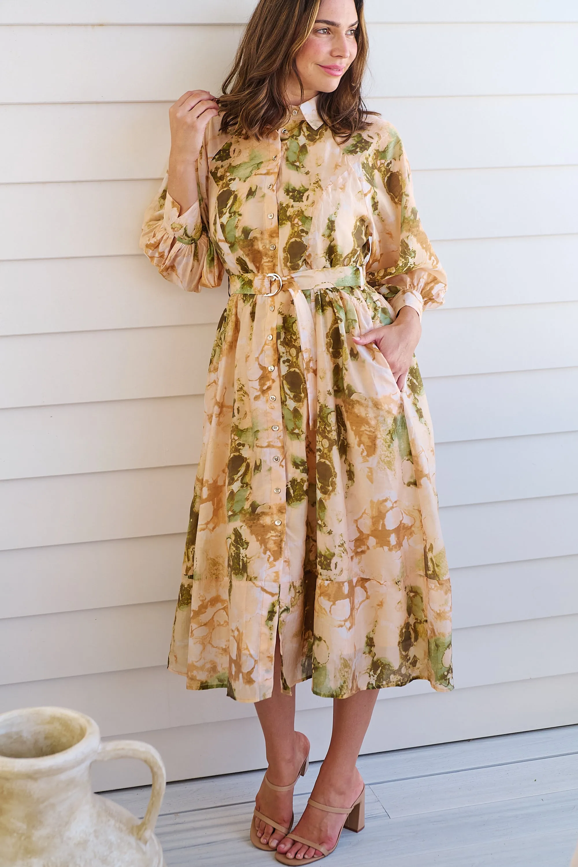 Solange Collared Tie Waist Green/Peach Midi Dress