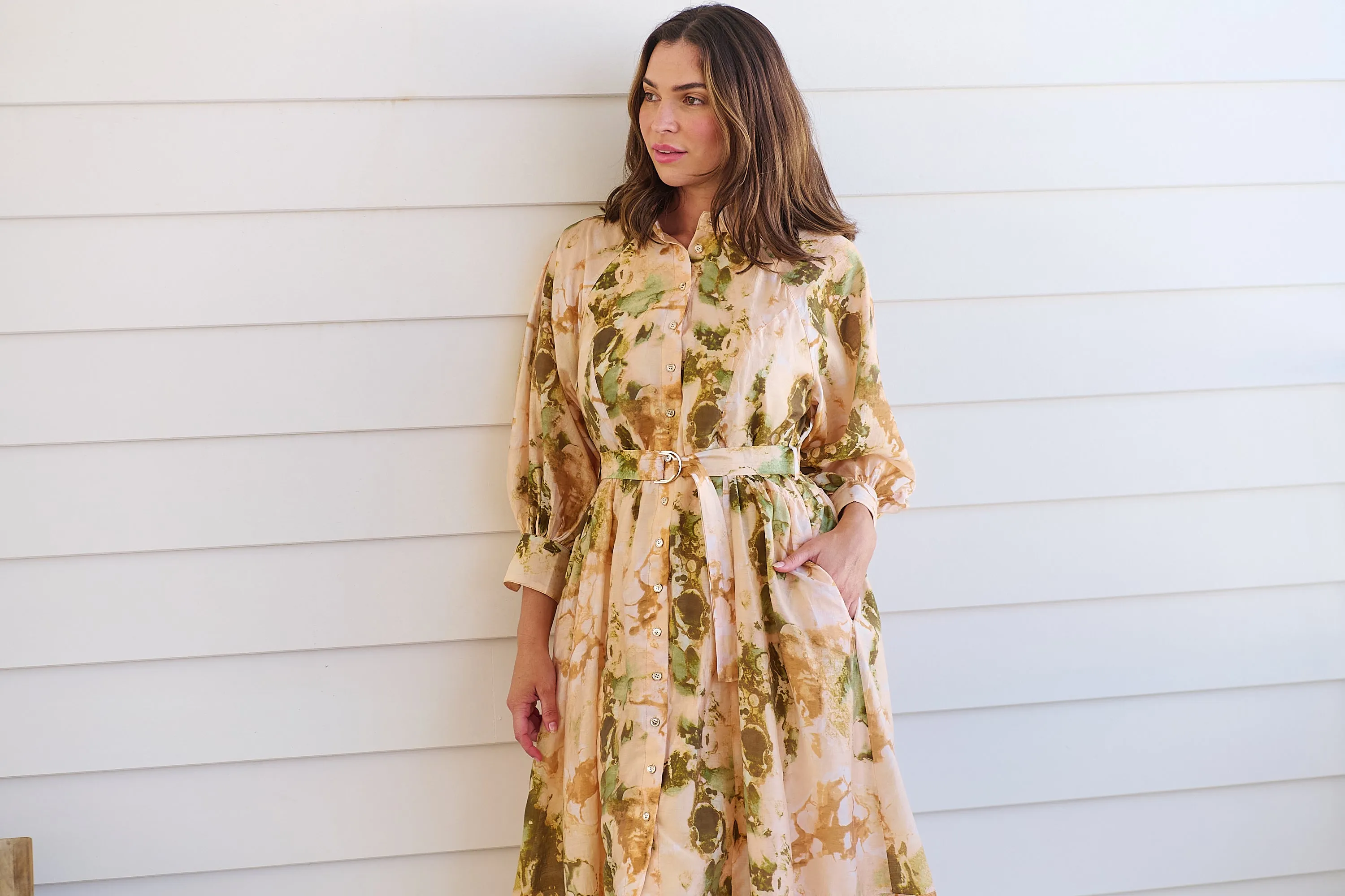 Solange Collared Tie Waist Green/Peach Midi Dress