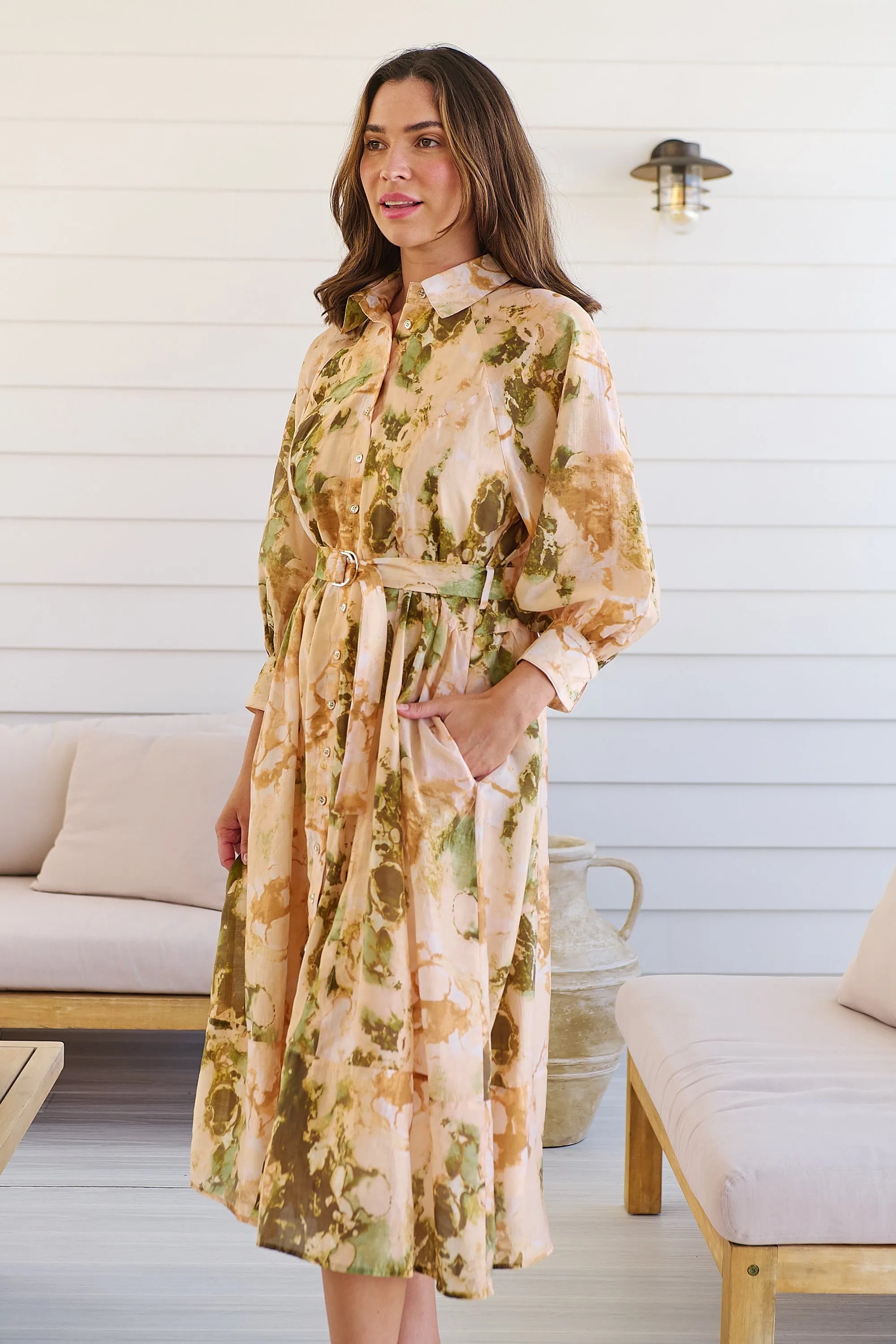 Solange Collared Tie Waist Green/Peach Midi Dress