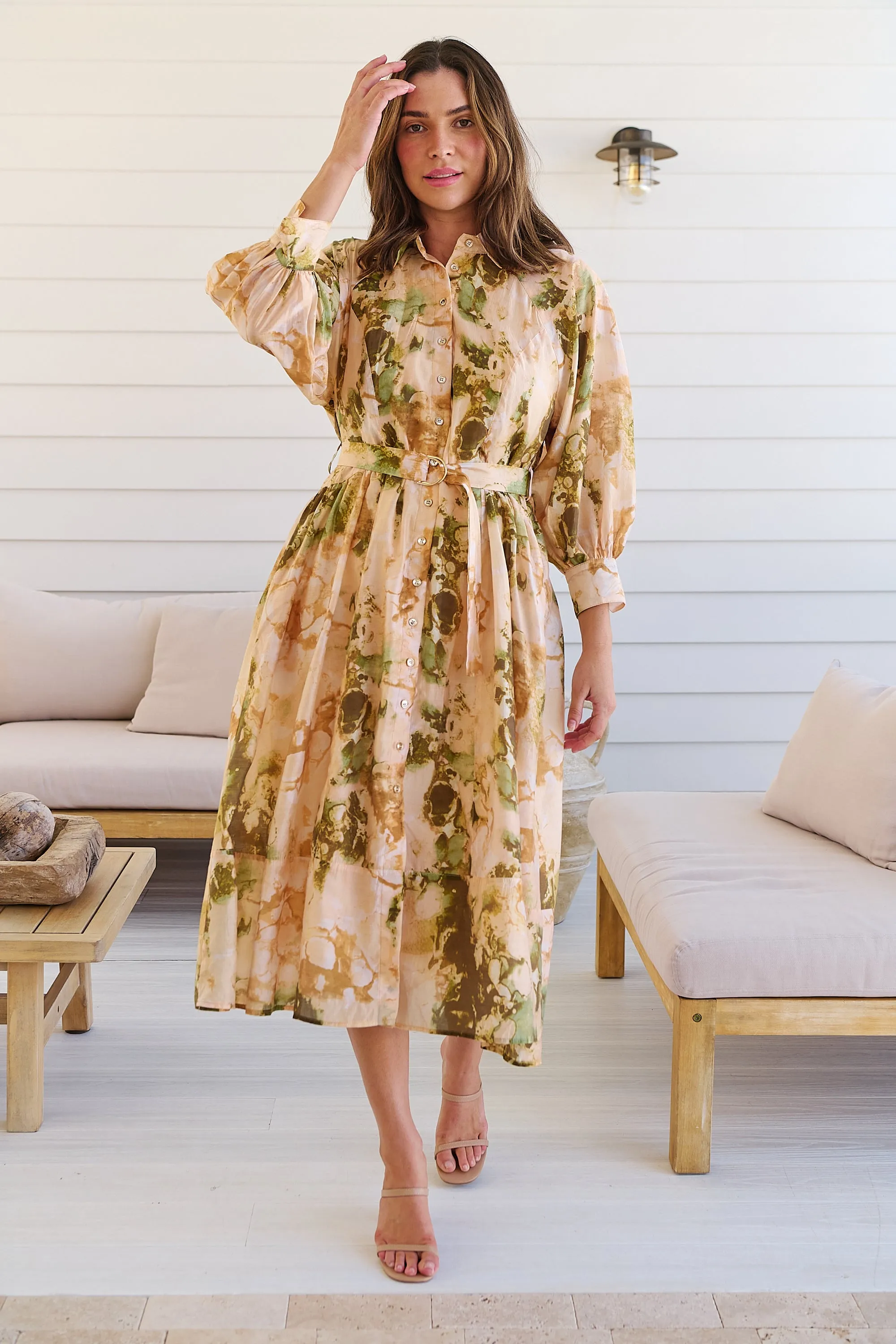 Solange Collared Tie Waist Green/Peach Midi Dress