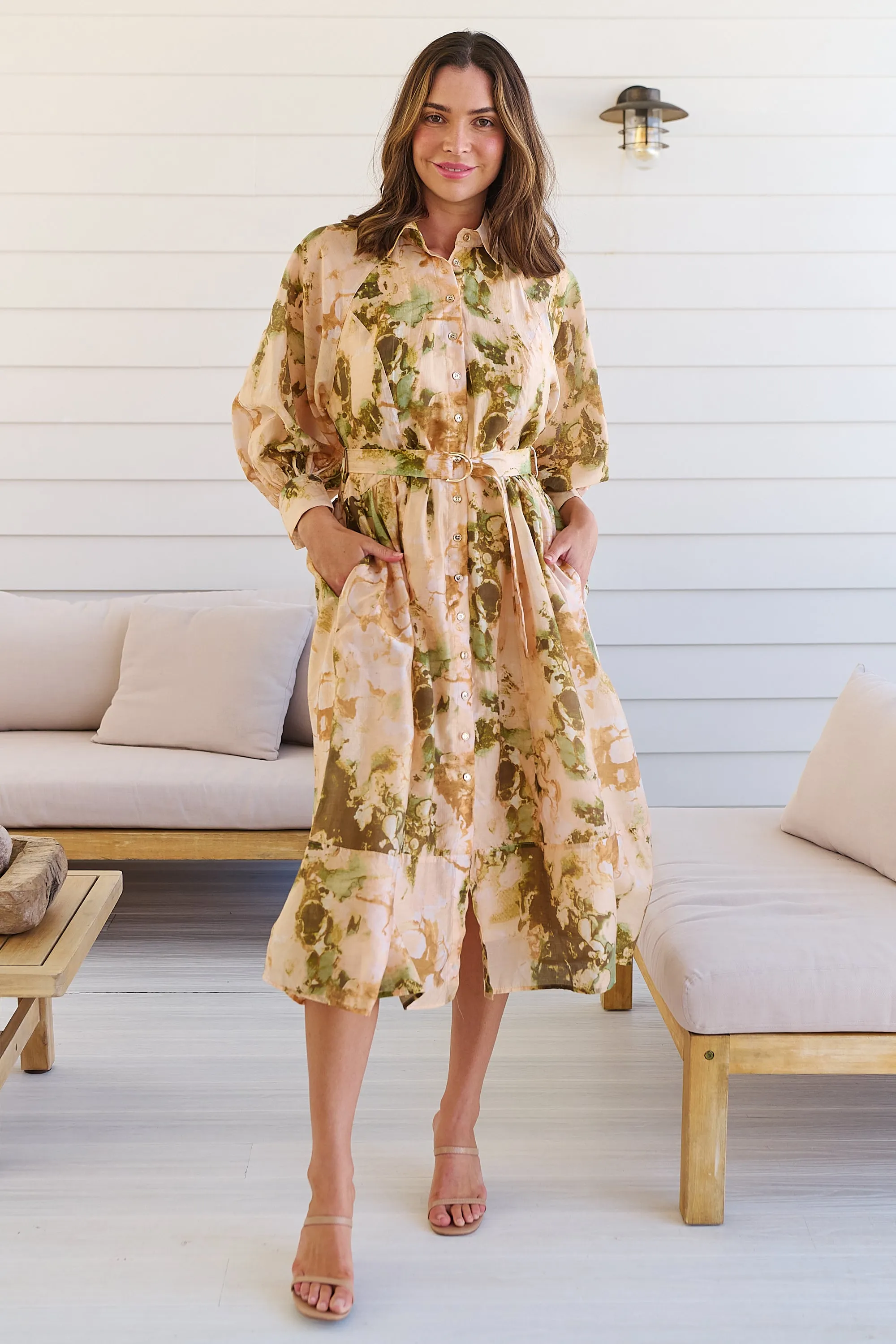 Solange Collared Tie Waist Green/Peach Midi Dress