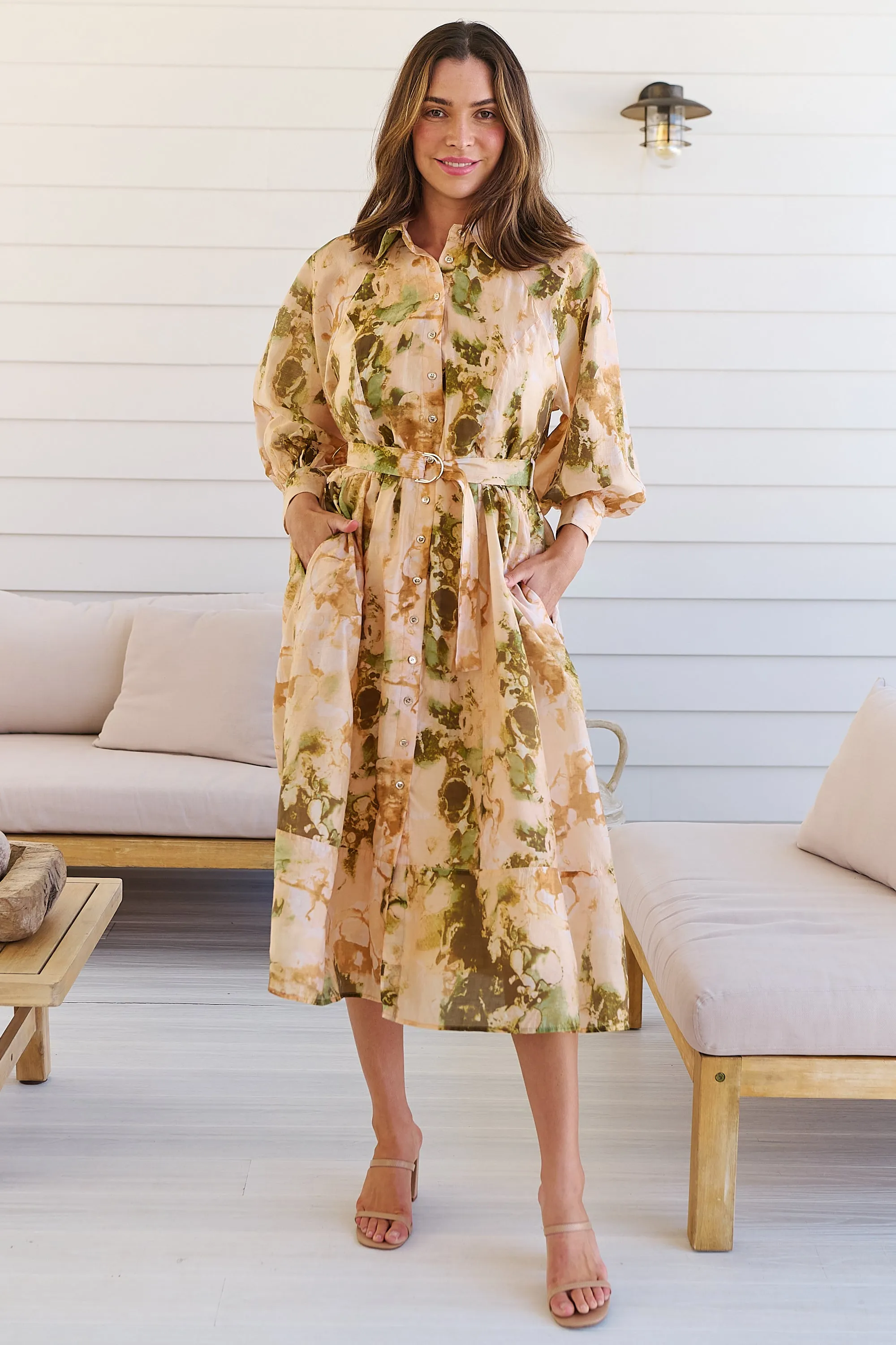 Solange Collared Tie Waist Green/Peach Midi Dress