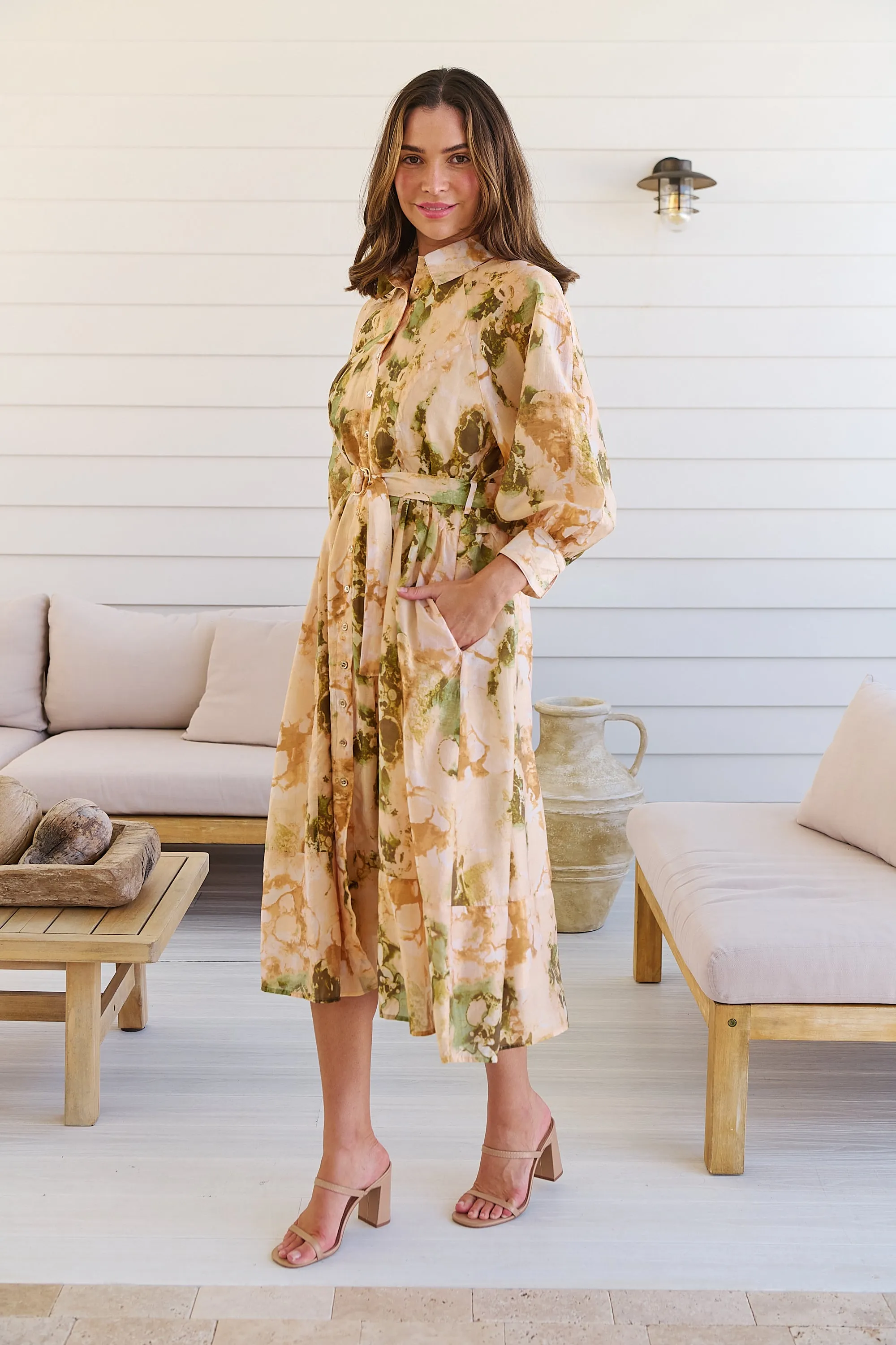 Solange Collared Tie Waist Green/Peach Midi Dress