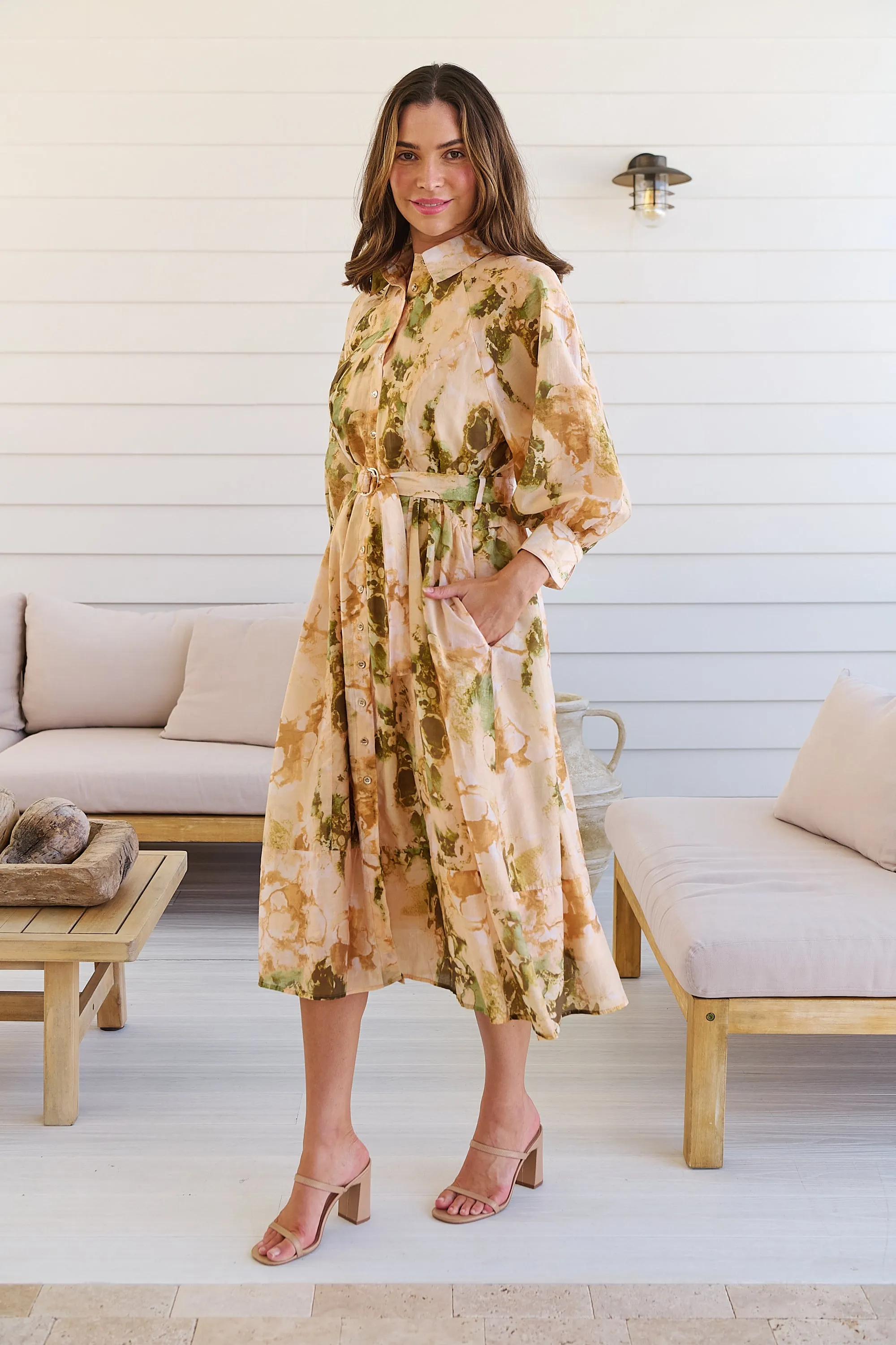 Solange Collared Tie Waist Green/Peach Midi Dress