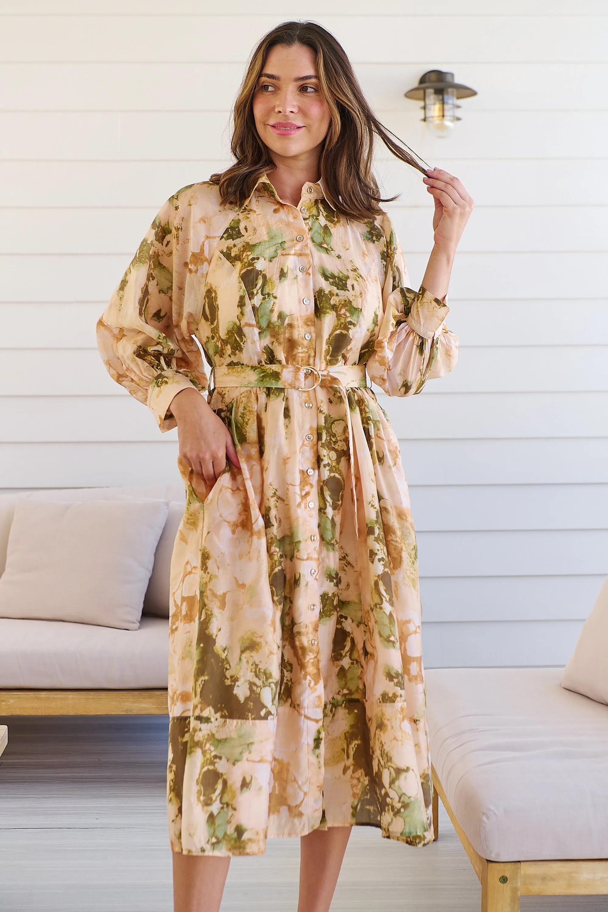 Solange Collared Tie Waist Green/Peach Midi Dress
