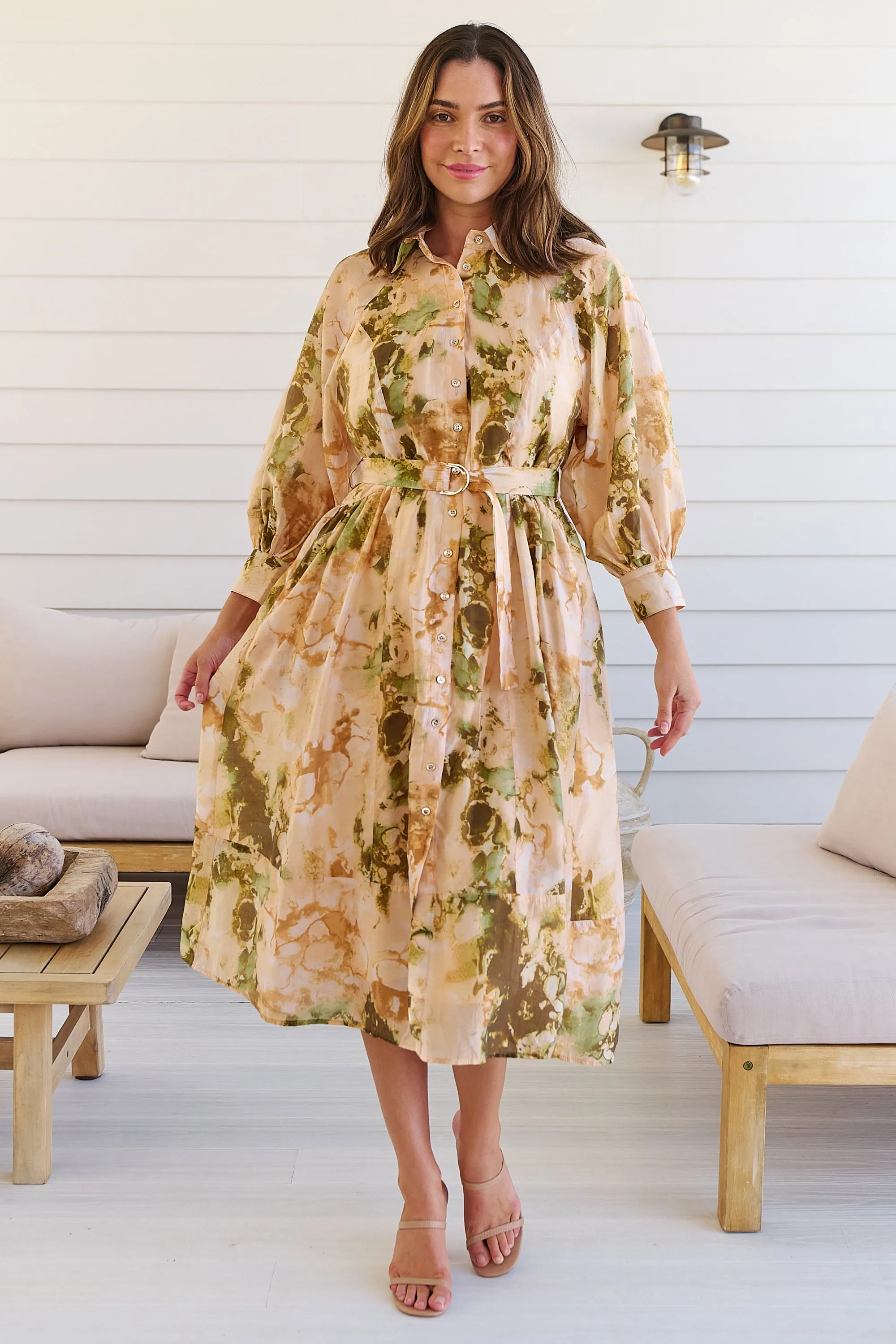 Solange Collared Tie Waist Green/Peach Midi Dress