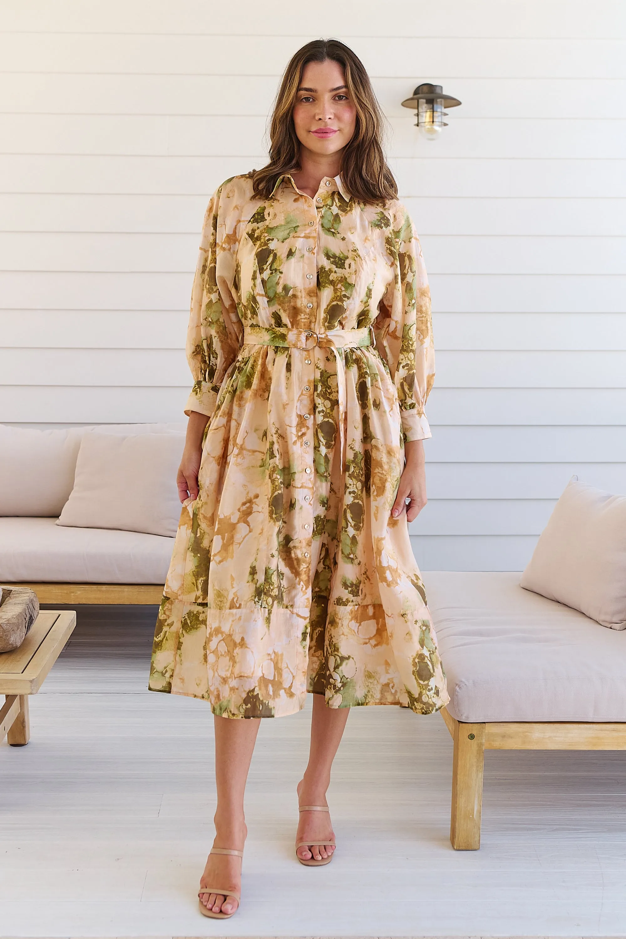 Solange Collared Tie Waist Green/Peach Midi Dress