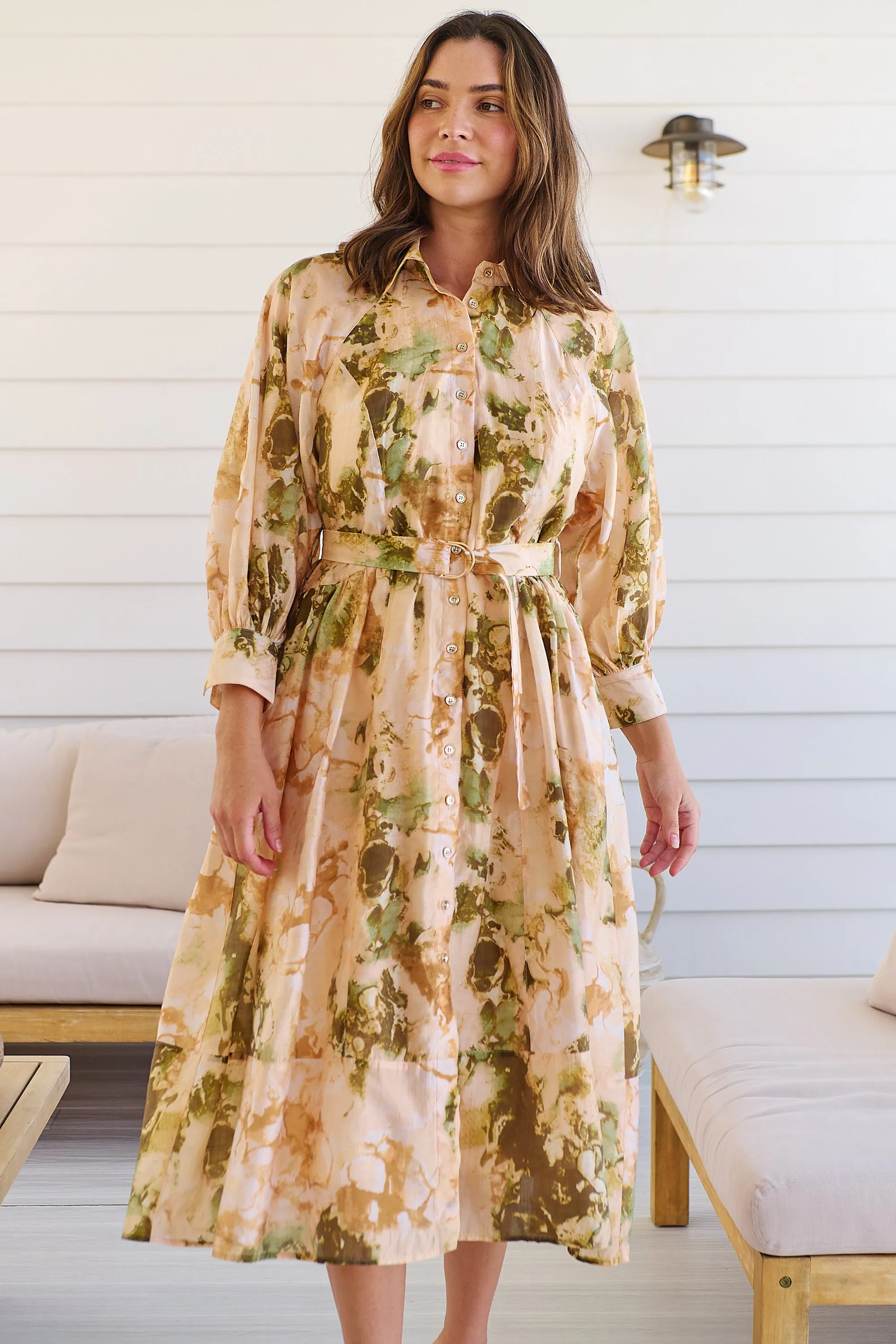 Solange Collared Tie Waist Green/Peach Midi Dress