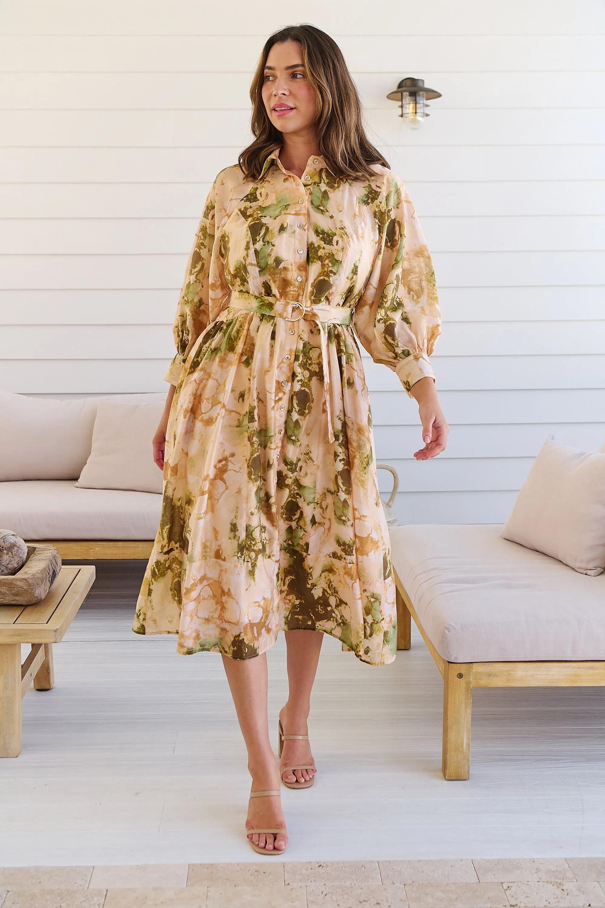 Solange Collared Tie Waist Green/Peach Midi Dress