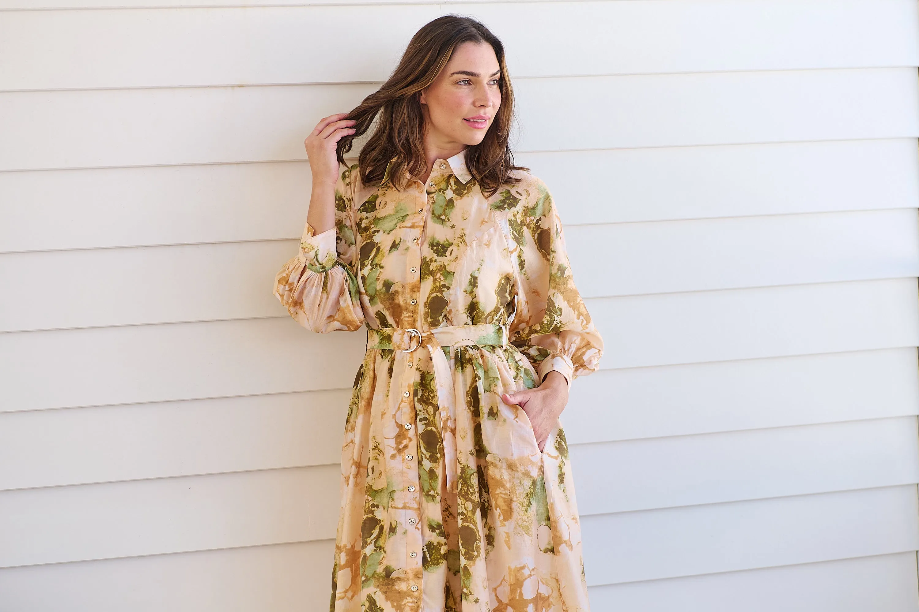Solange Collared Tie Waist Green/Peach Midi Dress